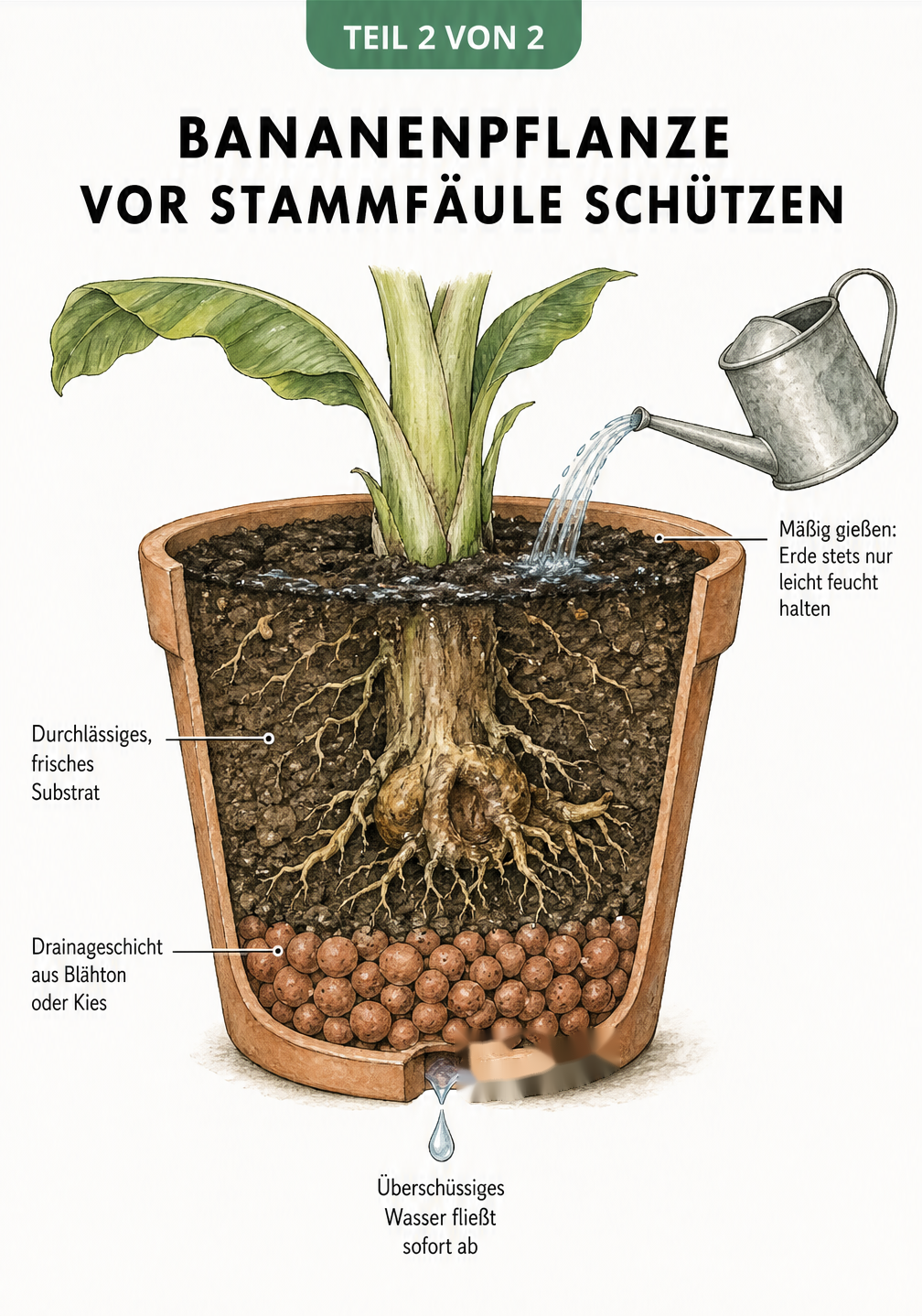 Querschnitt-Zeichnung eines bepflanzten Terrakotta-Topfes mit Drainageschicht und Bananenpflanze