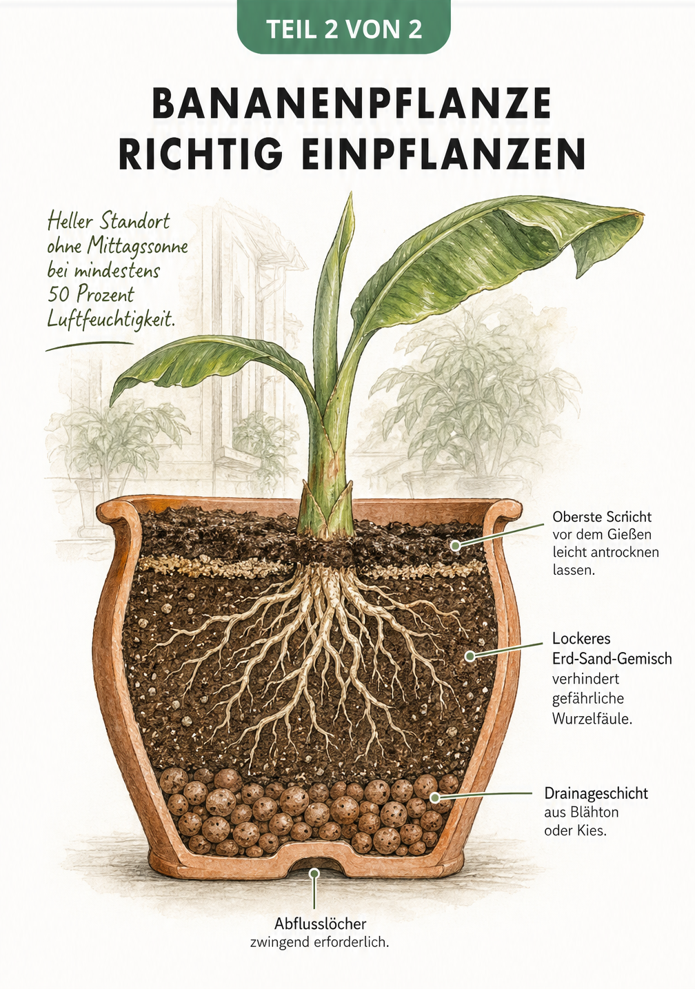 Querschnitt eines Terrakotta-Topfes mit einer Bananenpflanze, der die Schichten aus Erde, Sand und Blähton-Drainage zeigt