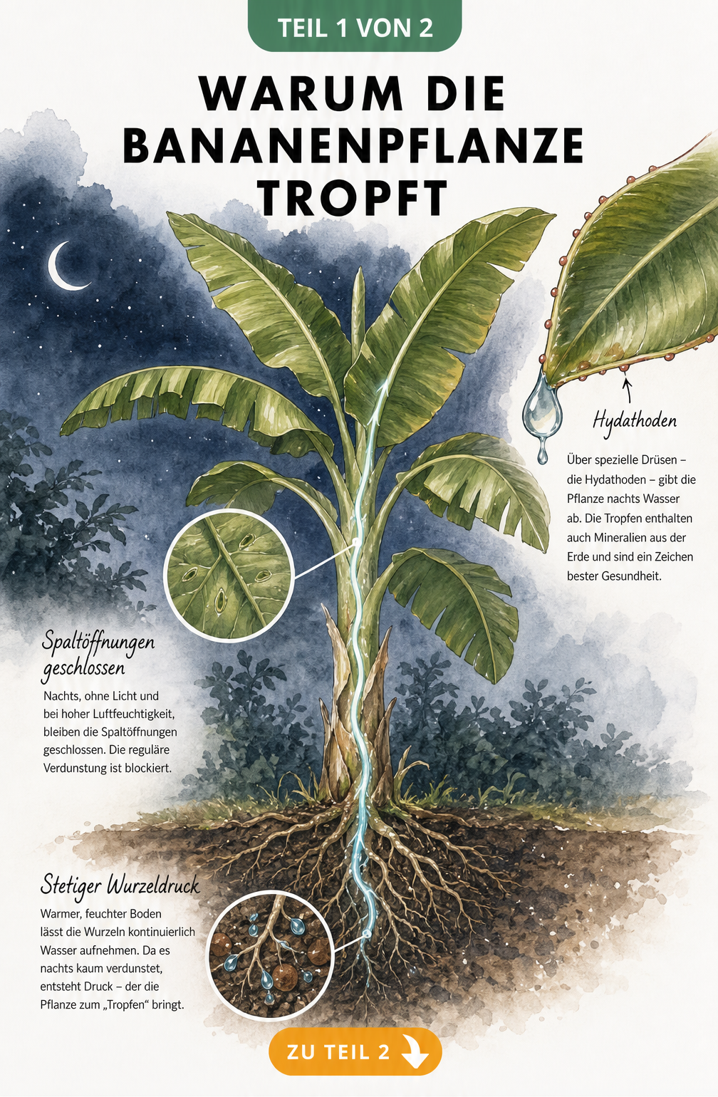 Botanische Illustration einer Bananenpflanze im Querschnitt, die den Wasserfluss von den Wurzeln bis zu den Blättern und die Tropfenbildung an den Hydathoden...