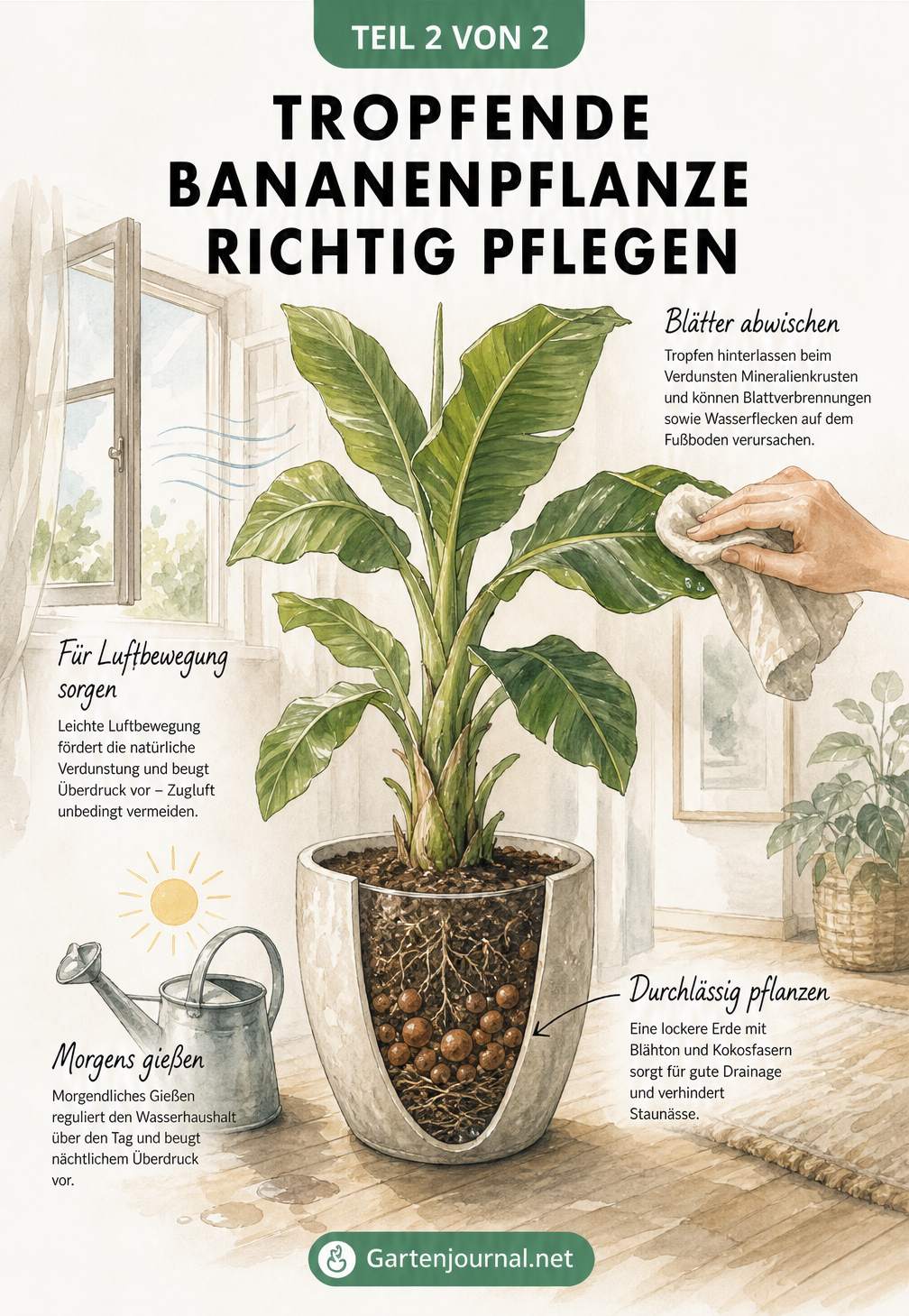 Illustration einer Bananenpflanze im Wohnzimmer mit Tipps zur Pflege: durchlässige Erde im Topf, morgendliches Gießen und leichte Luftzirkulation.