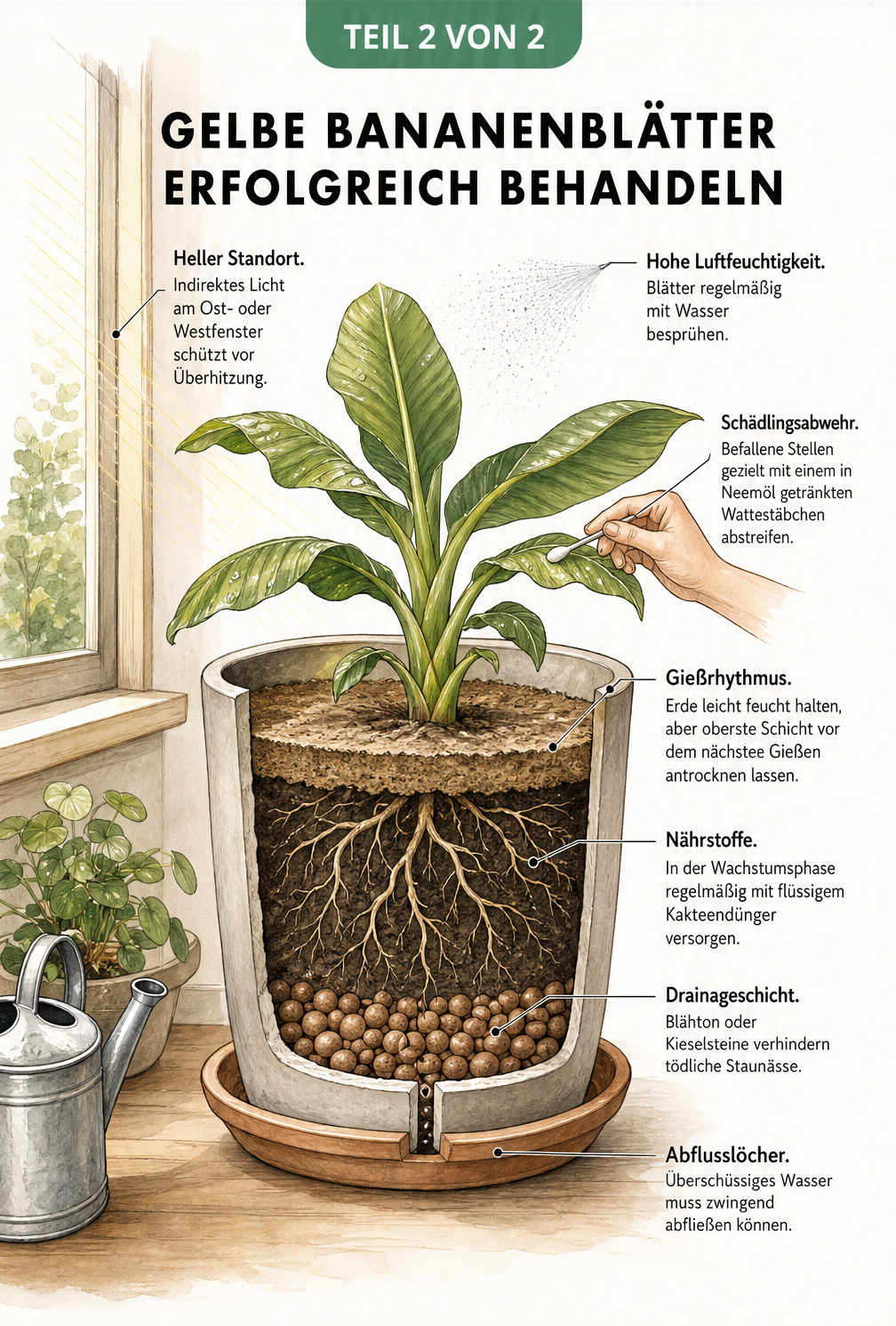 Schnittzeichnung eines Pflanzkübels am Fenster, die Pflegetipps für Bananenpflanzen wie Gießrhythmus, Drainage und Standort erklärt.