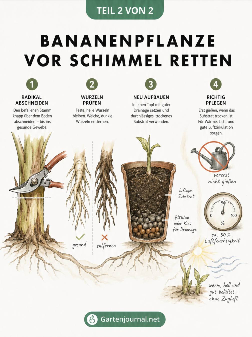 Illustration der Rettungsschritte für eine Bananenpflanze: Rückschnitt, Wurzelkontrolle, neue Drainage und richtige Pflege