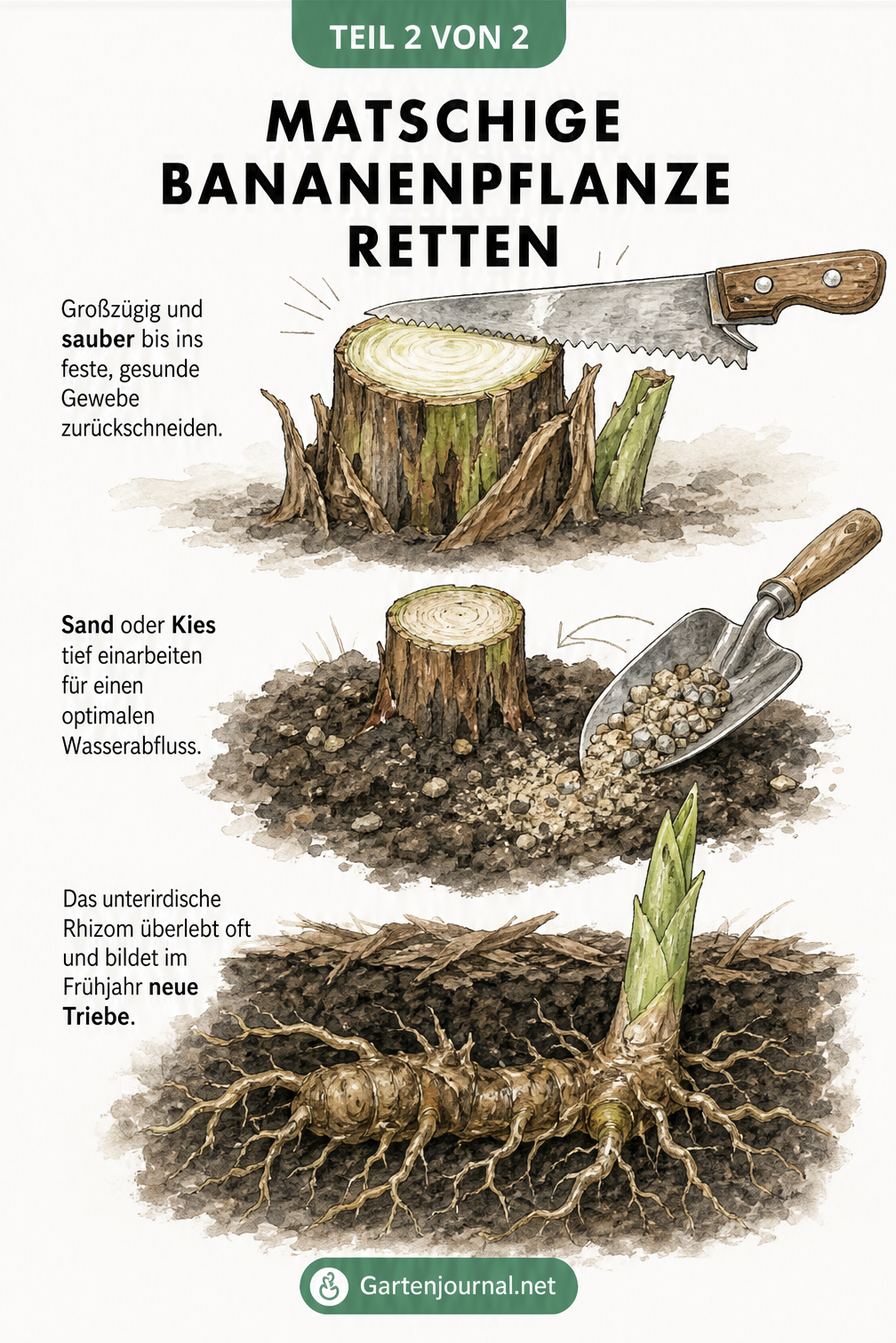 Illustration zur Rettung einer Bananenpflanze: Rückschnitt des Stammes mit einer Handsäge, Einarbeiten von Sand zur Drainage und ein neuer Trieb aus dem Rhizom.