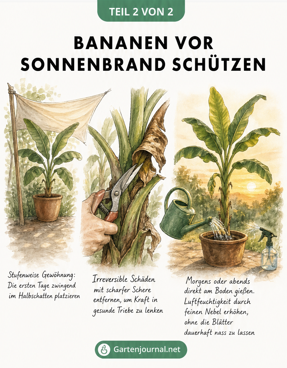 Illustration zur Pflege von Bananenpflanzen: Stufenweise Gewöhnung an die Sonne, Entfernen verbrannter Blätter und richtiges Gießen