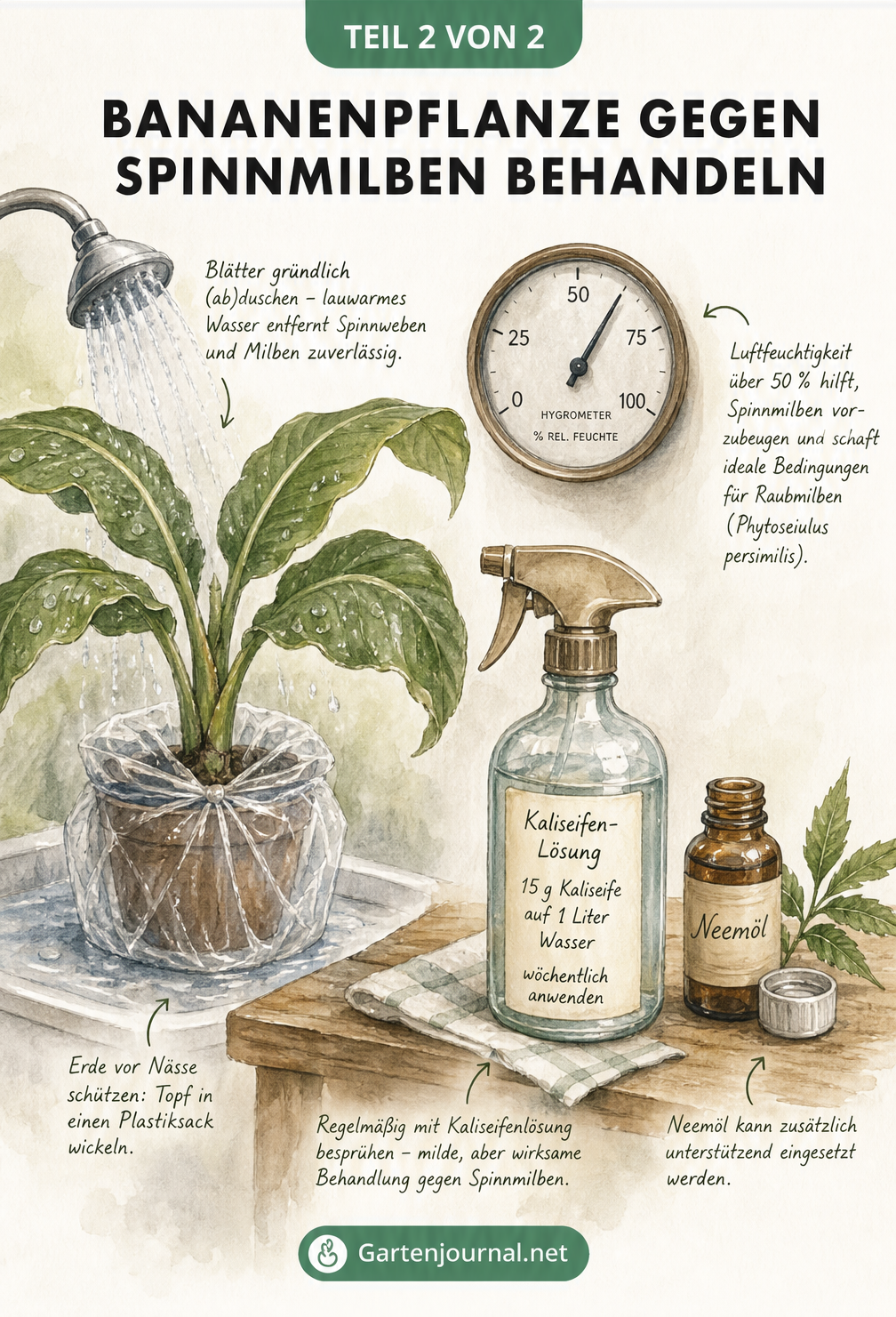 Aquarell-Illustration einer Bananenpflanze in der Dusche, deren Blätter abgewaschen werden, daneben Kaliseife, Neemöl und ein Hygrometer.