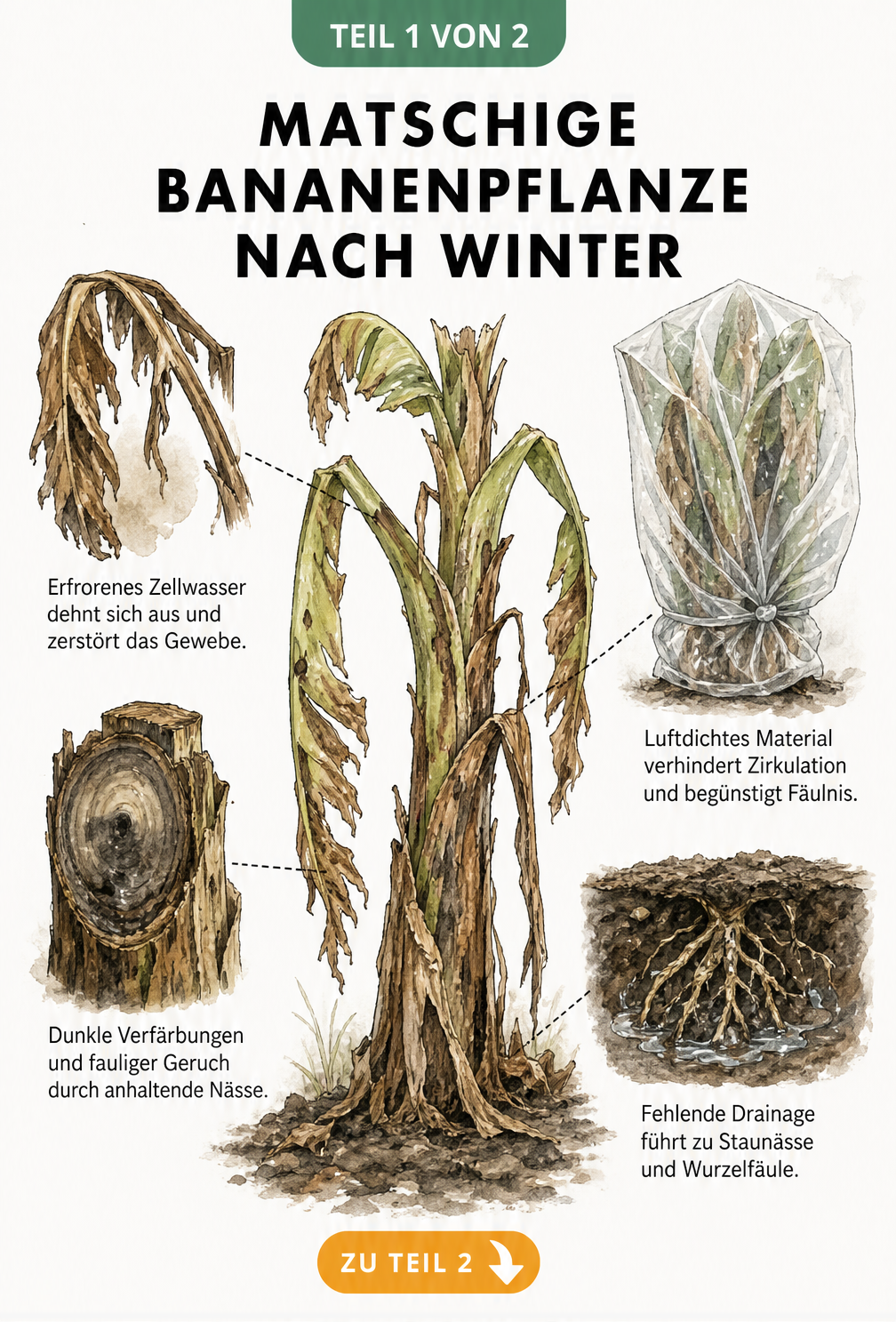 Botanische Illustration einer Bananenpflanze mit Winterschäden wie erfrorenen Blättern, verfärbtem Stamm und Staunässe an den Wurzeln.