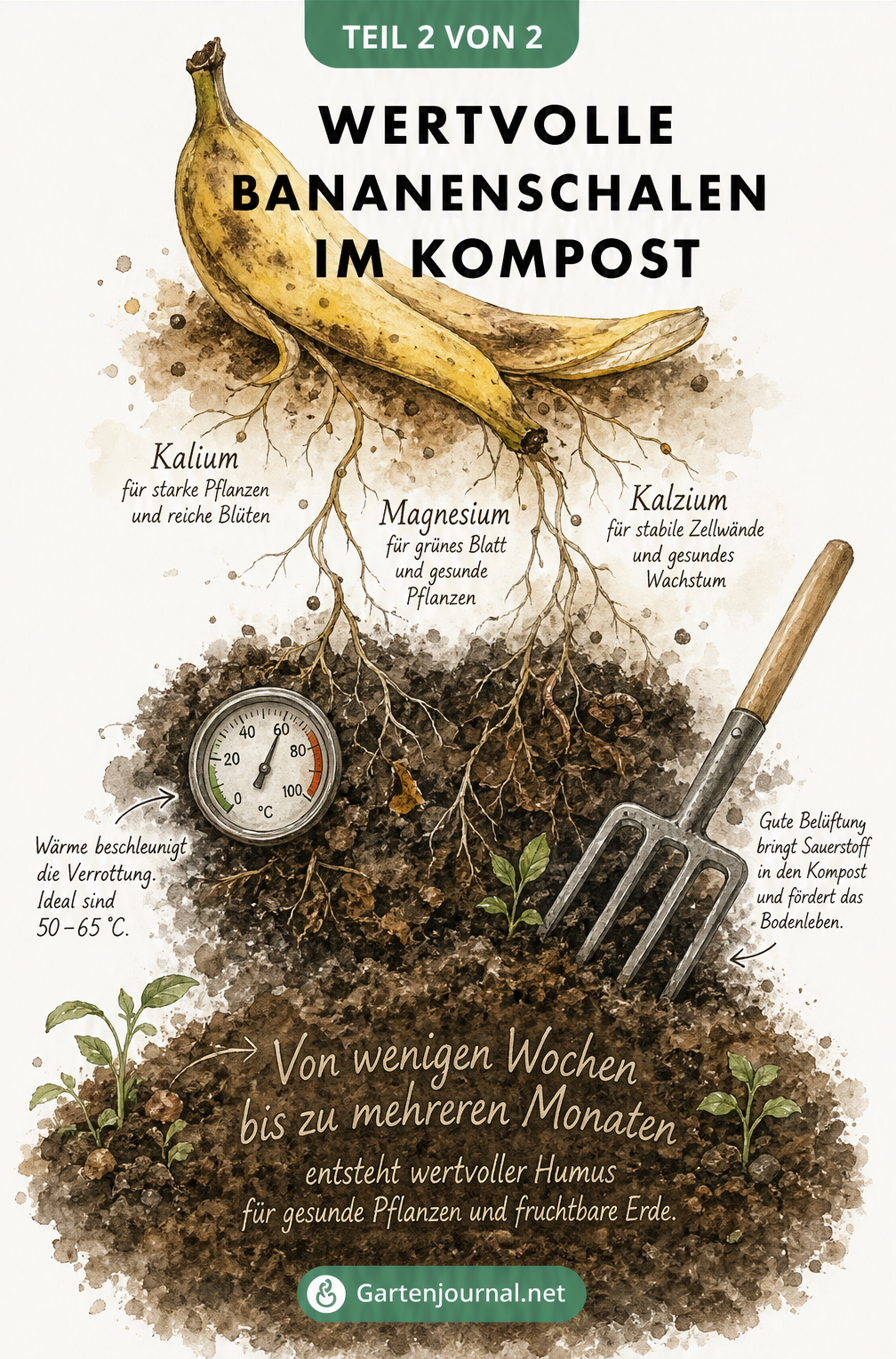 Aquarell-Illustration, die den Zersetzungsprozess einer Bananenschale zu Komposterde zeigt, inklusive Nährstoffen wie Kalium und einem Bodenthermometer.