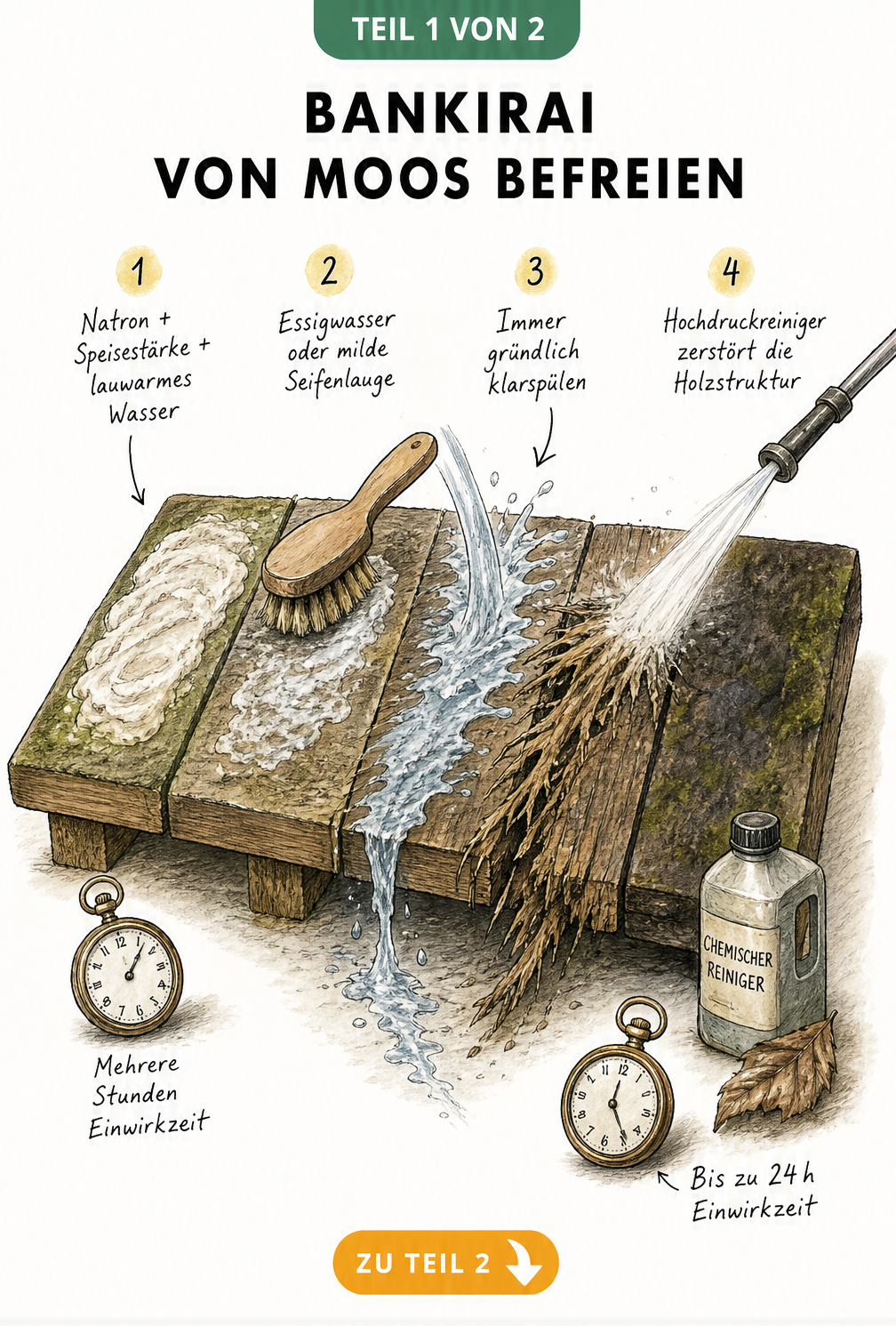 Illustration einer Bankirai-Terrassendiele mit vier verschiedenen Methoden zur Moosentfernung: Hausmittel, Seifenlauge, Hochdruckreiniger und chemische...