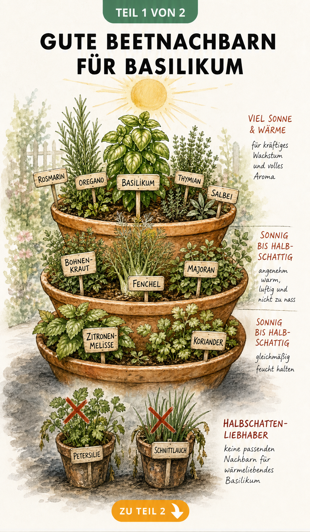 Botanische Lehrtafel mit Basilikum, Thaibasilikum und Rotem Basilikum sowie Oregano und Thymian als geschmackliche Alternativen