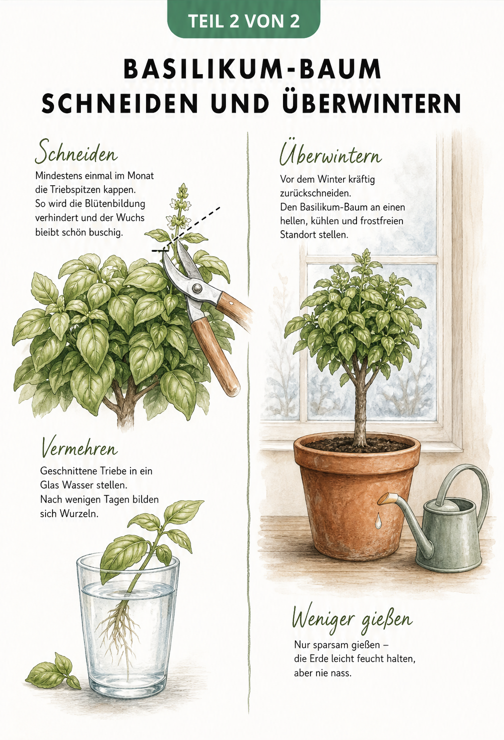 Illustration zum Schneiden und Überwintern eines Basilikum-Baums mit Gartenschere und Gießkanne