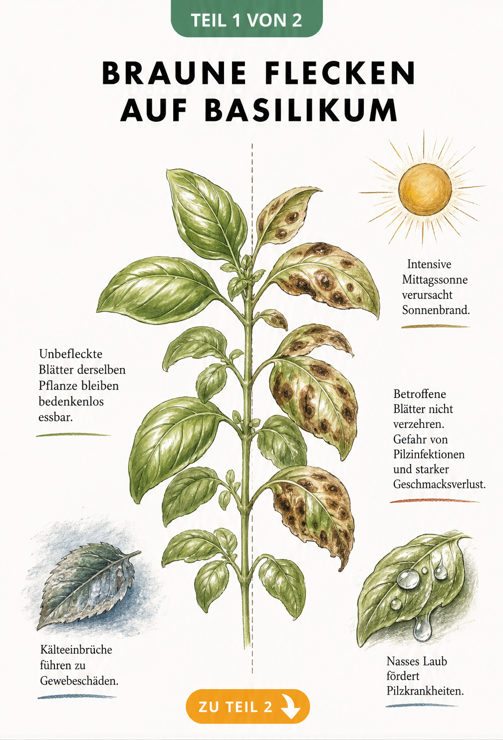 Botanische Illustration eines Basilikumtriebs, der links gesunde und rechts braun gefleckte Blätter zeigt, mit Hinweisen zur Essbarkeit und Ursachen wie Sonne,...