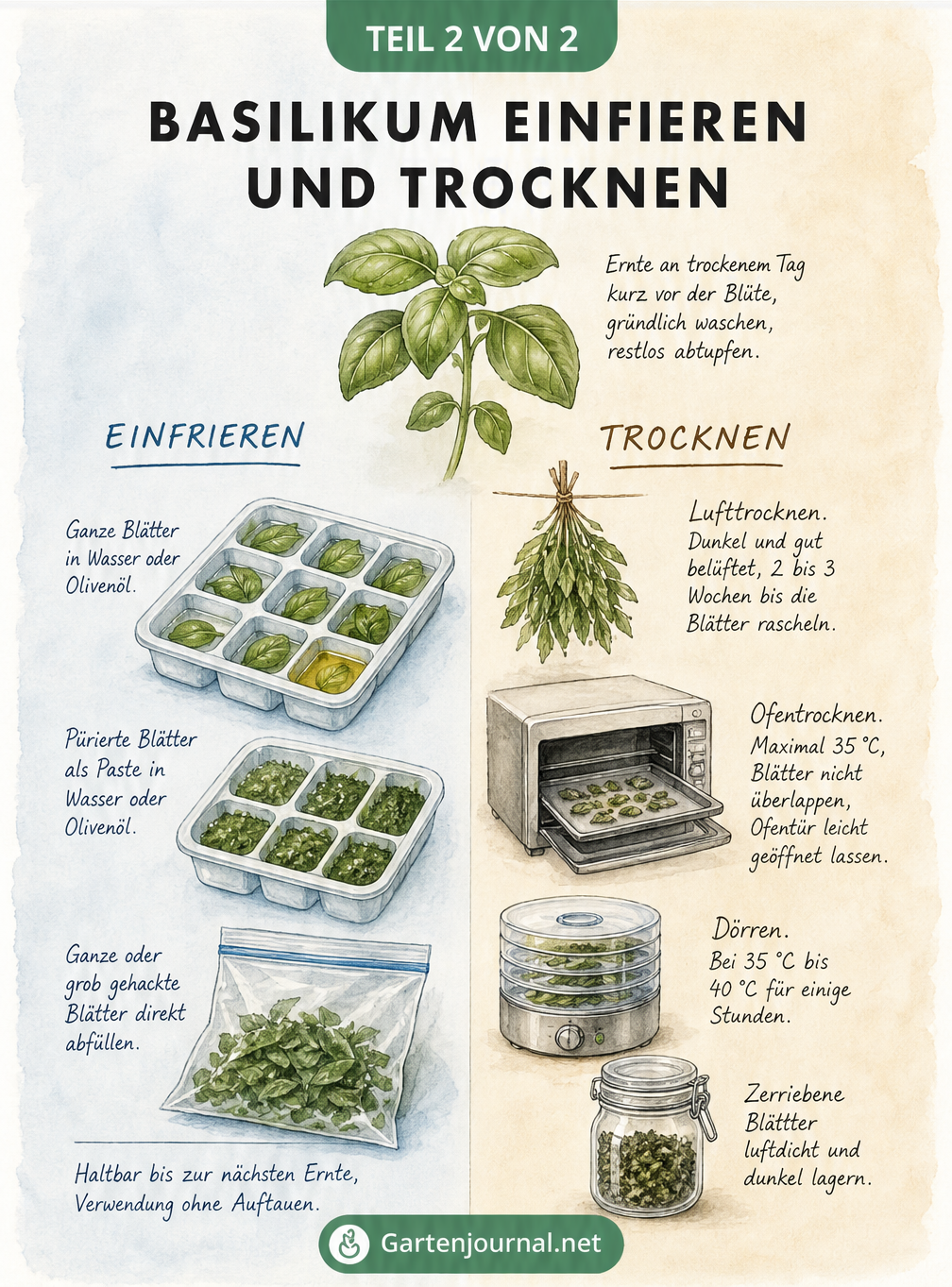 Illustration der Methoden zum Einfrieren und Trocknen von Basilikum, inklusive Eiswürfelform, Gefrierbeutel, Lufttrocknen, Ofentrocknen und Dörren.