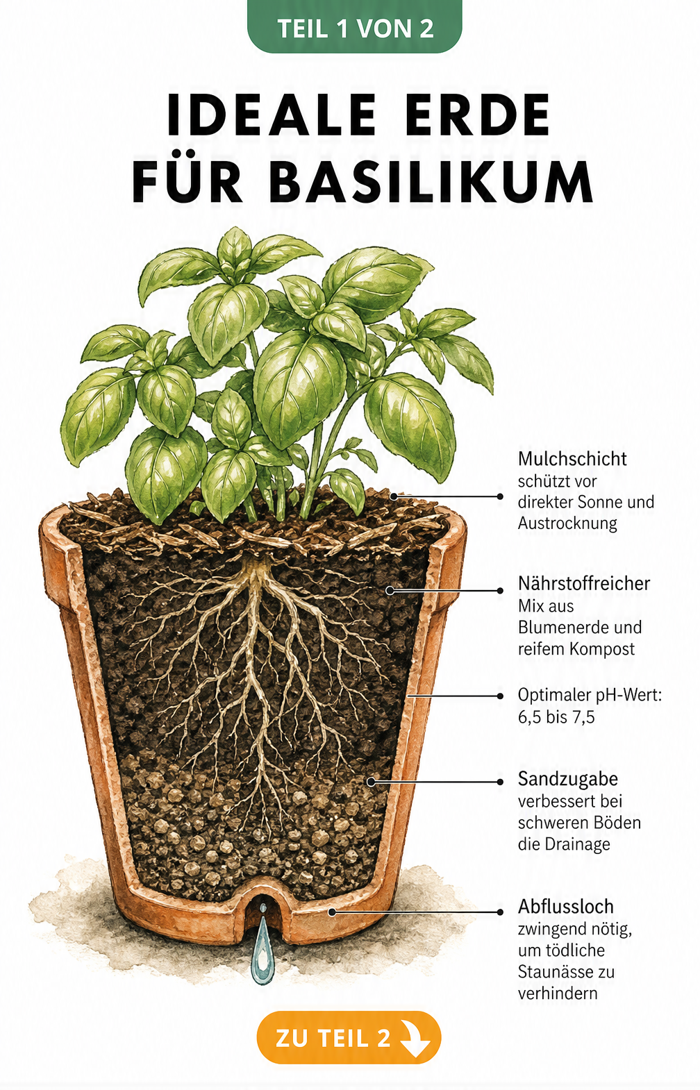 Botanische Querschnitt-Illustration eines bepflanzten Terrakotta-Topfes mit Basilikum, die Erdschichten, Wurzelwerk, Mulchschicht, Nährstoffmix, Sandzugabe und...