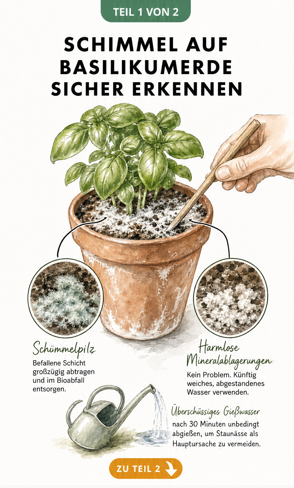 Botanische Skizze eines Basilikum-Topfes mit Lupe, die Schimmelpilz und mineralische Ablagerungen auf der Erde zeigt