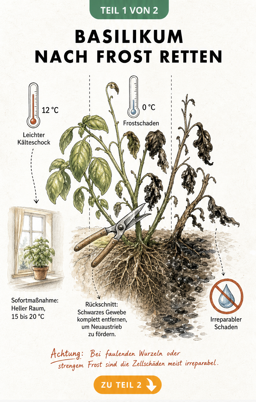 Botanische Skizze einer Basilikumpflanze, die verschiedene Frostschäden und Rettungsmaßnahmen wie Rückschnitt und Standortwechsel zeigt.