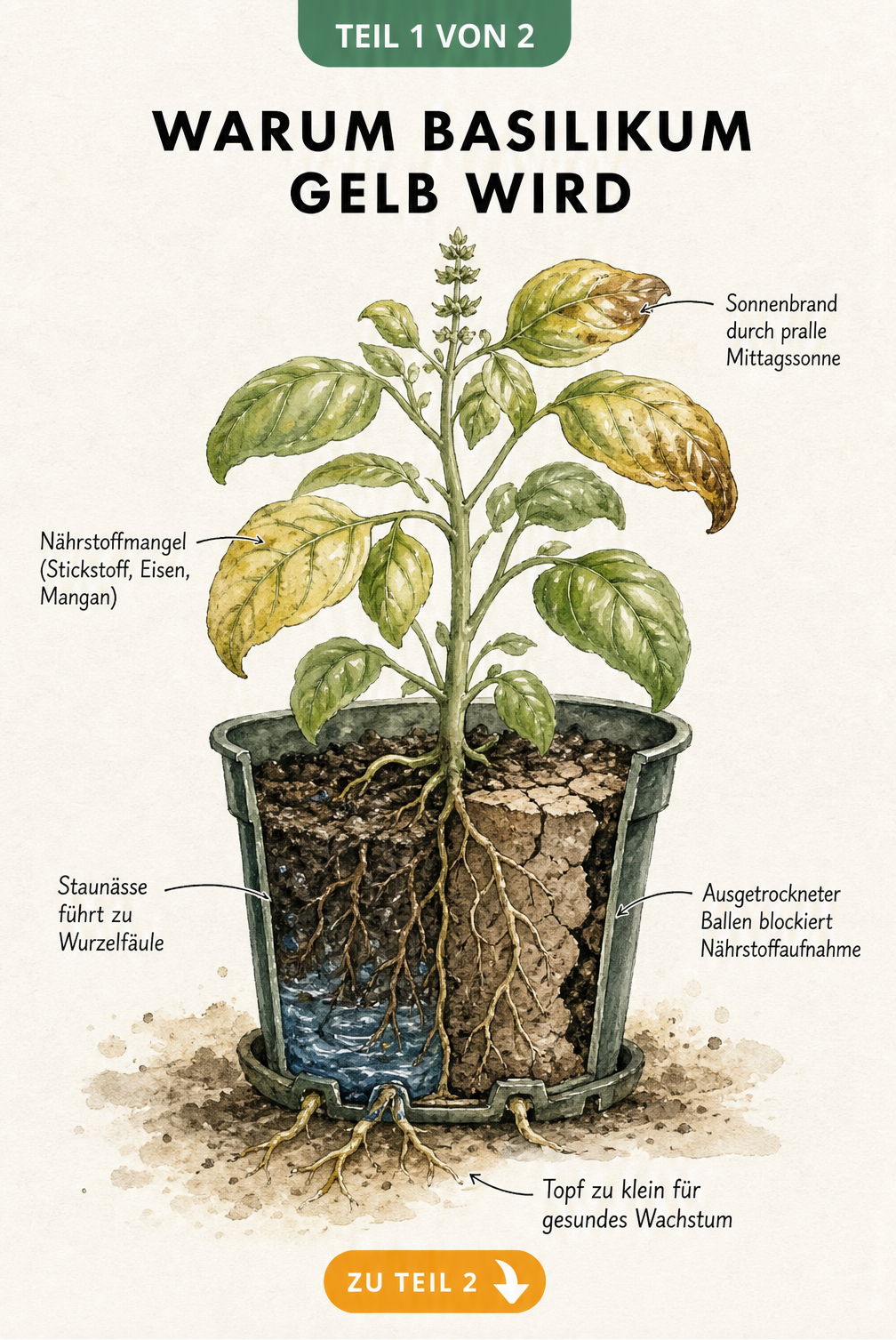 Botanische Illustration einer Basilikumpflanze im Querschnitt, die Schadbilder wie Sonnenbrand, Nährstoffmangel, Staunässe und einen zu kleinen Topf zeigt.