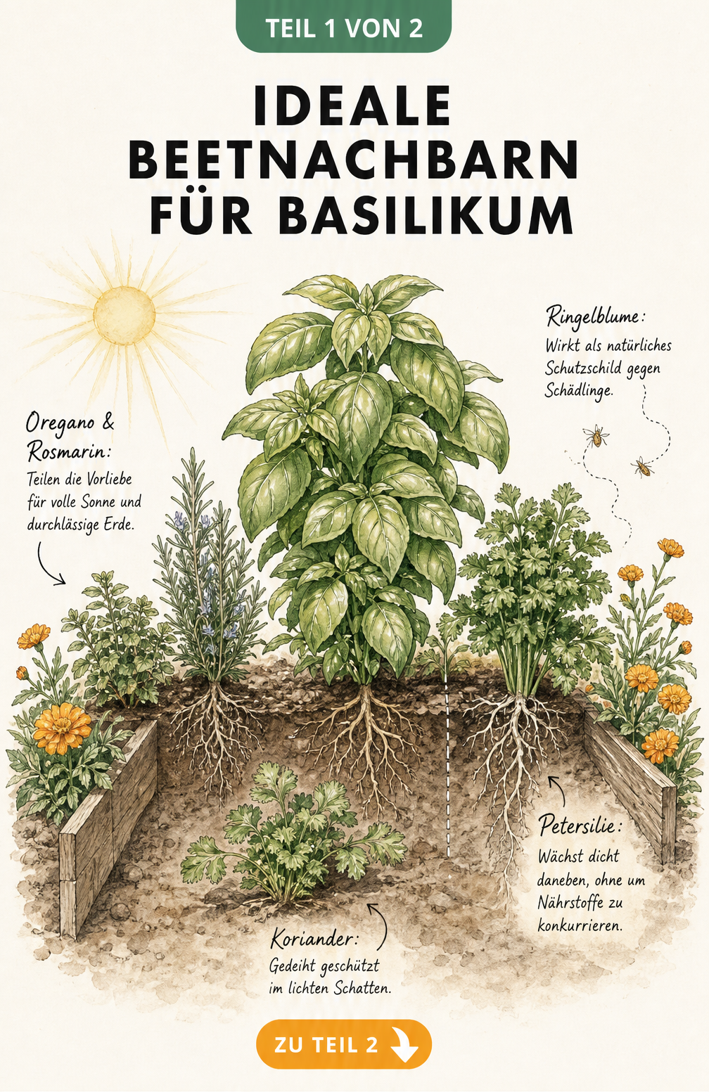 Illustration eines Hochbeets mit Basilikum, Oregano, Rosmarin, Petersilie, Koriander und Ringelblume