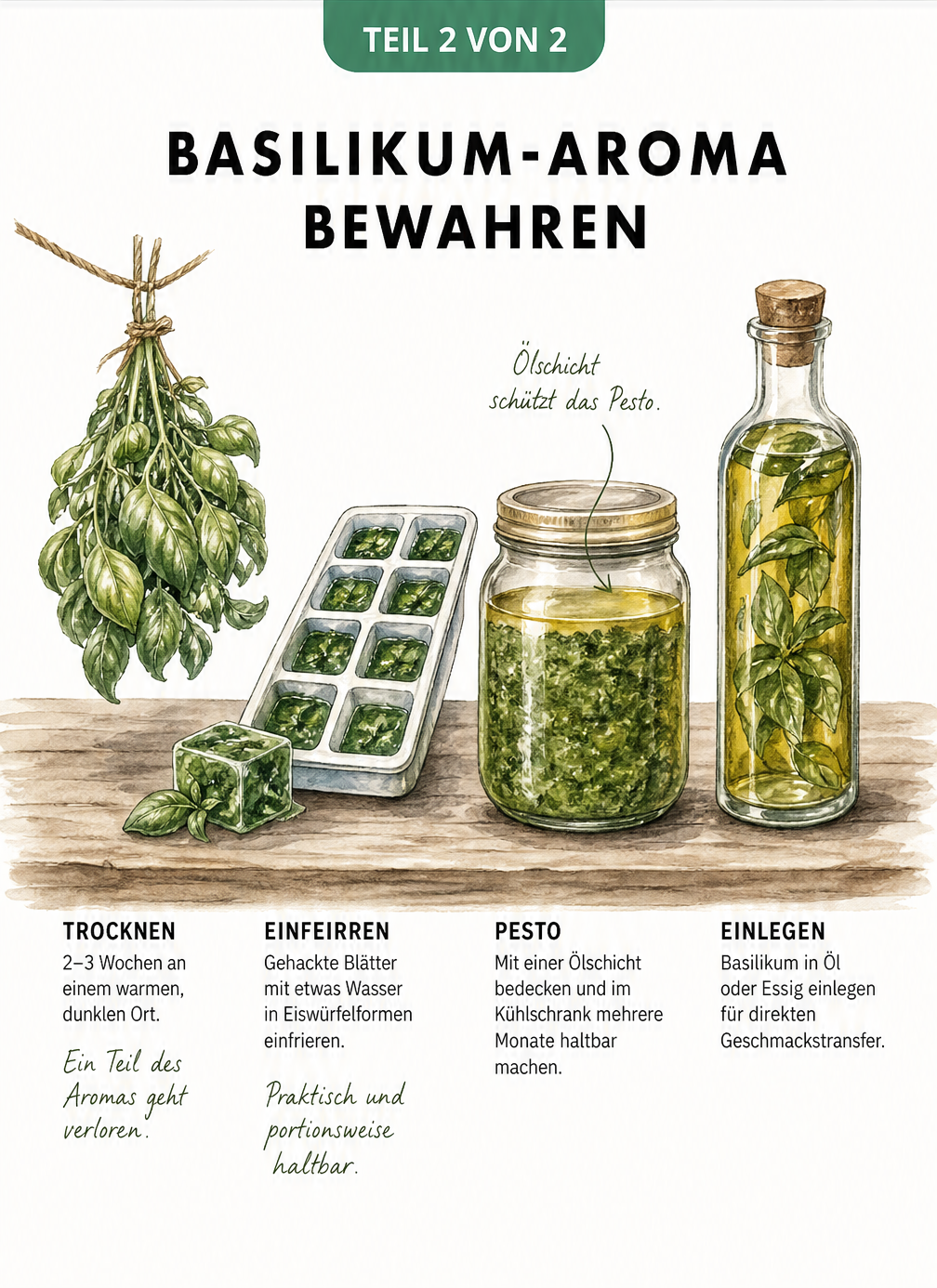 Vier Methoden um Basilikum haltbar zu machen: Trocknen, Einfrieren, als Pesto und in Öl eingelegt