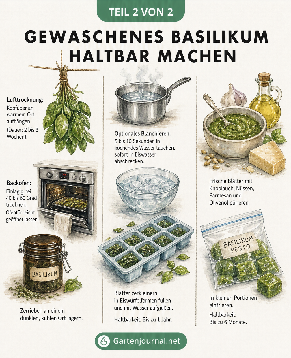 Illustration: Basilikum haltbar machen durch Lufttrocknung, Einfrieren in Eiswürfelformen und Verarbeiten zu Pesto.