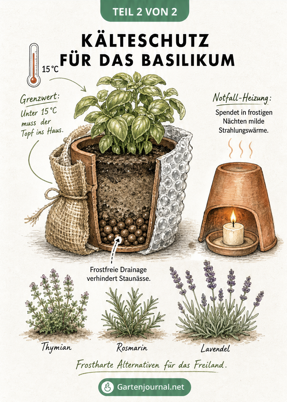 Illustration eines Basilikumtopfes mit Kälteschutzmaßnahmen wie Jute, Luftpolsterfolie, Drainage und einer Notfall-Heizung aus Kerze und Terrakottatopf.