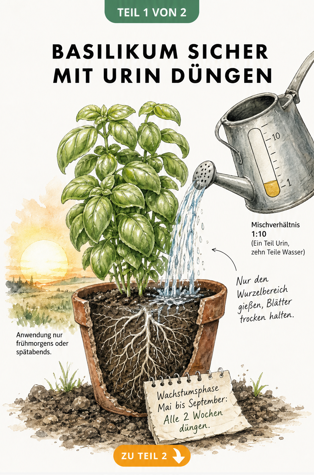 Illustration einer Basilikumpflanze im Topf, die mit einer Gießkanne gegossen wird, mit Hinweisen zum Mischverhältnis von Urin und Wasser.