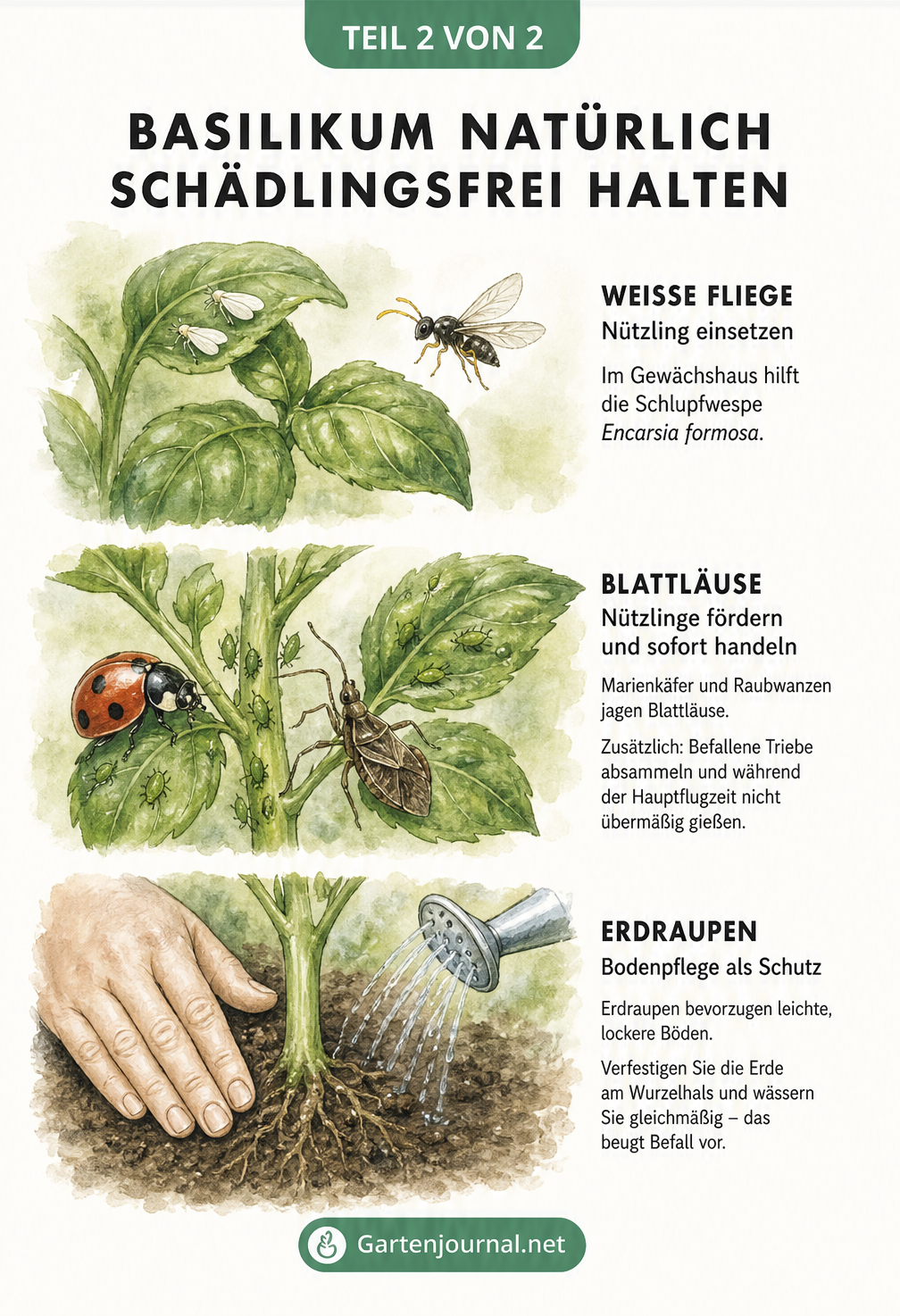 Drei Illustrationen zur natürlichen Schädlingsbekämpfung bei Basilikum: Schlupfwespen gegen Weiße Fliege, Marienkäfer gegen Blattläuse und Bodenpflege gegen...