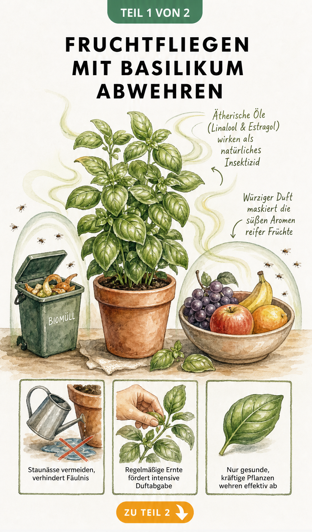 Aquarell-Illustration einer Basilikumpflanze, deren Duftwellen Obst und Biomüll vor Fruchtfliegen schützen