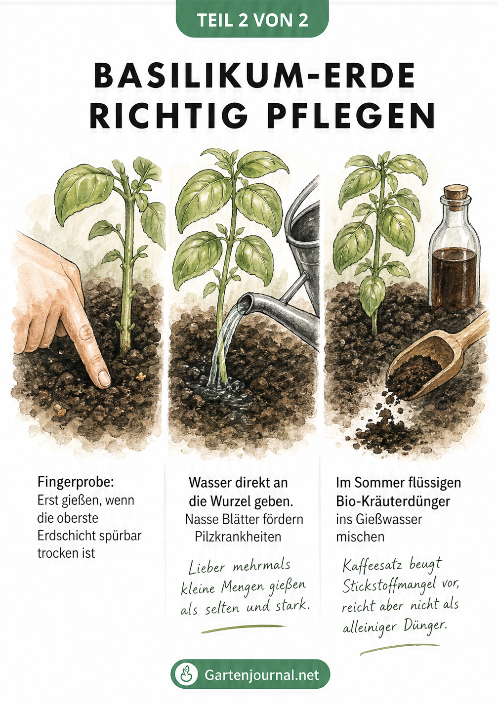 Drei Skizzen zur Basilikum-Pflege: Fingerprobe für die Feuchtigkeit, Gießen direkt an die Wurzel und Düngen mit Kaffeesatz sowie flüssigem Bio-Kräuterdünger.