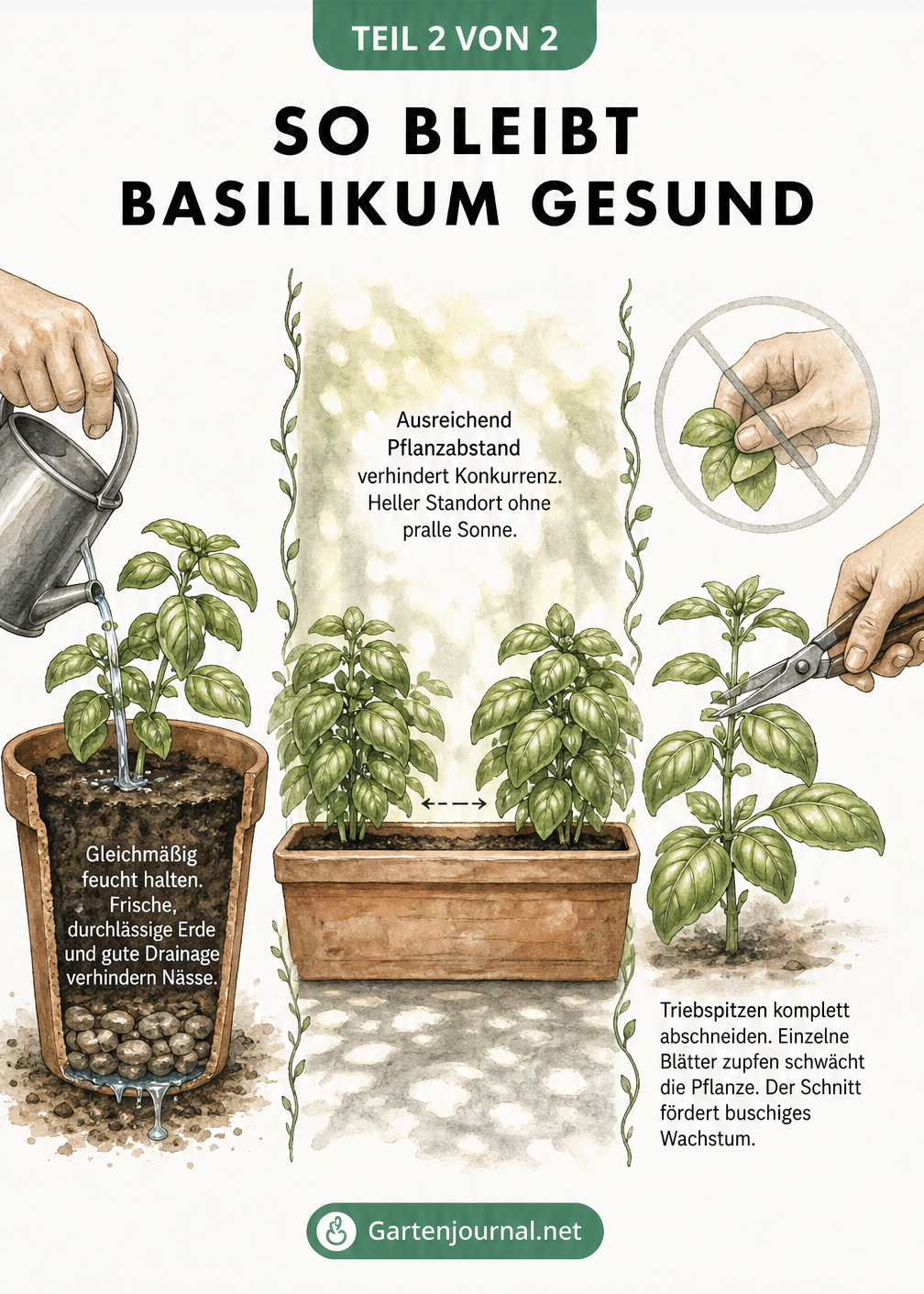 Illustration zur richtigen Pflege von Basilikum mit Gießen, Standortwahl und dem korrekten Abschneiden der Triebspitzen