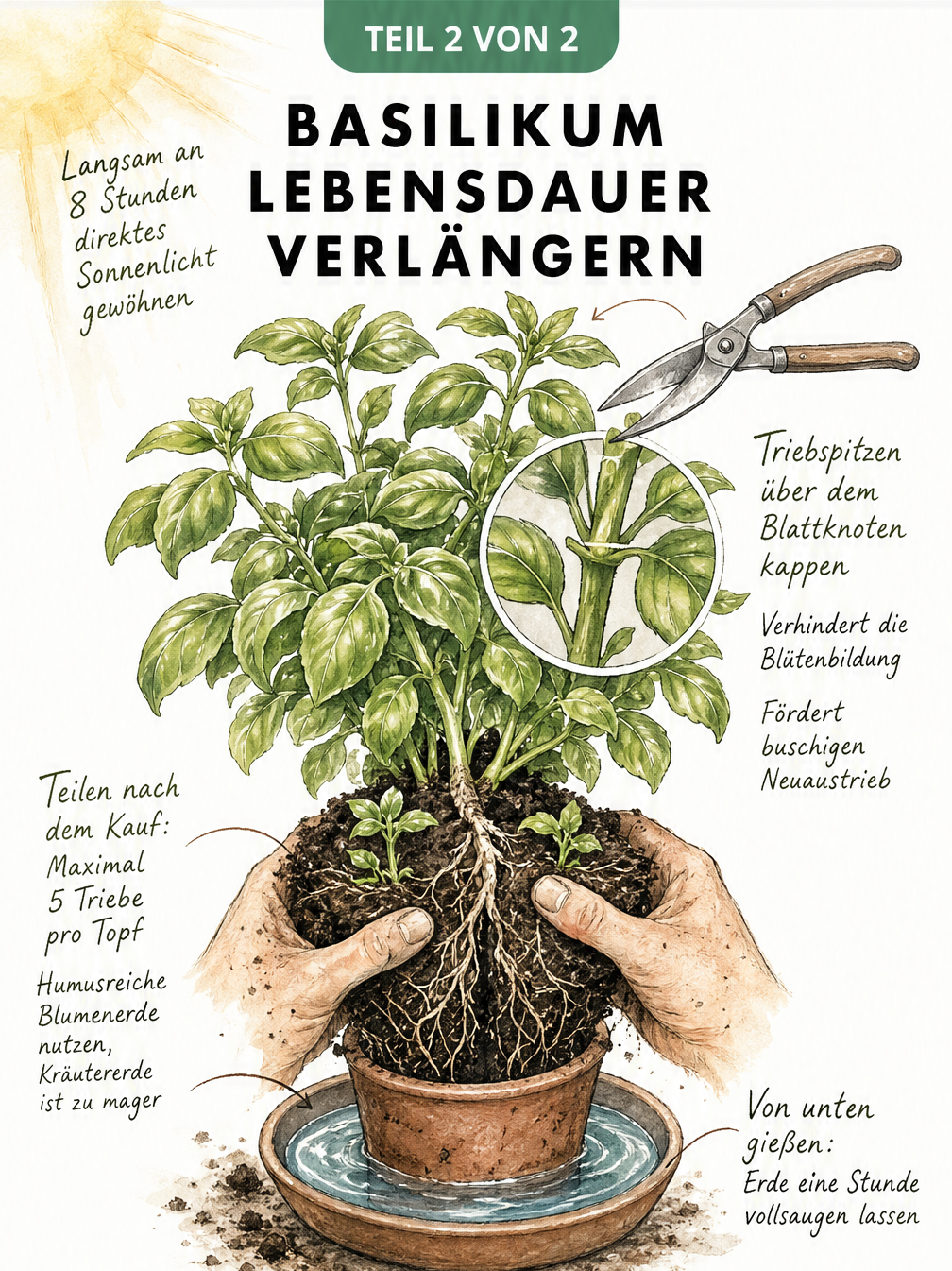 Illustration zur Pflege von Basilikum: Wurzelballen teilen, von unten gießen und Triebspitzen schneiden