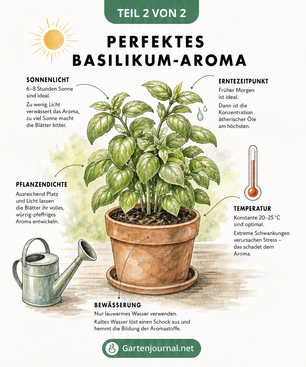 Illustration einer Basilikumpflanze im Topf mit Tipps für das perfekte Aroma
