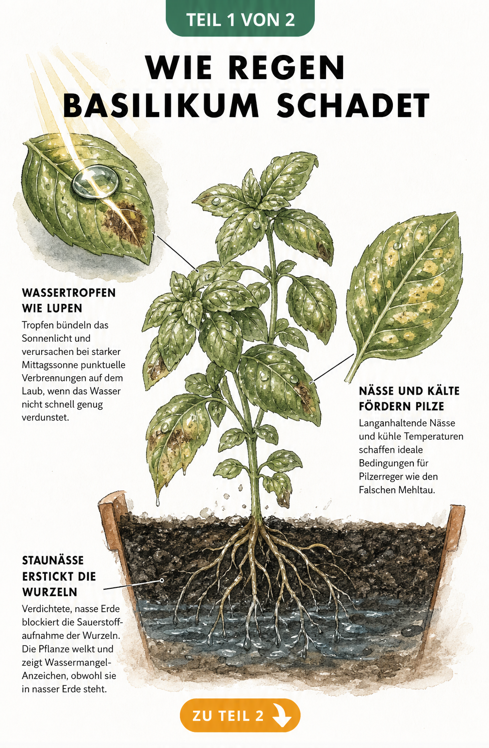 Botanische Illustration einer Basilikumpflanze mit Regenschäden wie Blattverbrennungen, Pilzbefall und Wurzelschäden durch Staunässe