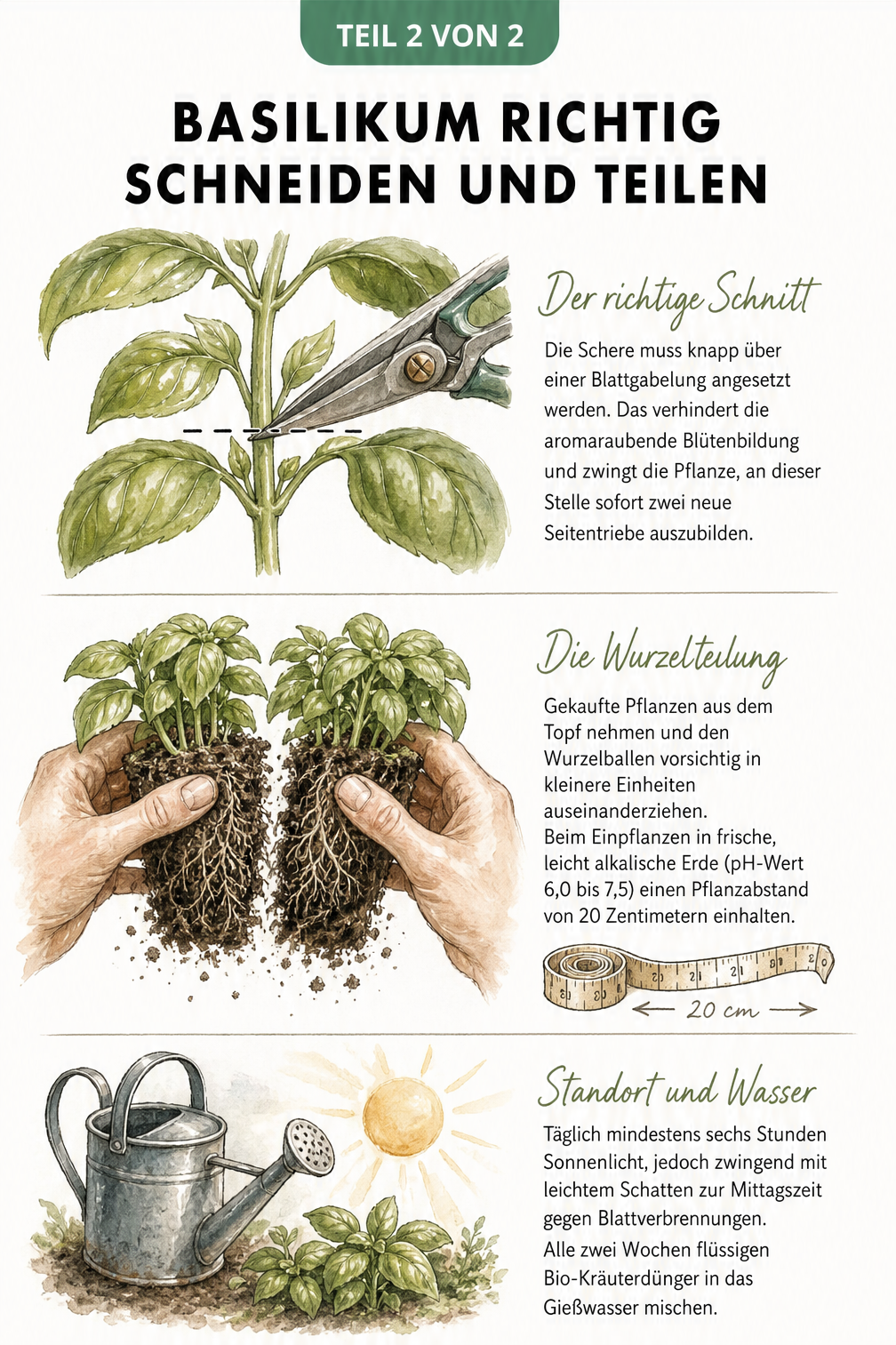Illustration zum richtigen Schneiden von Basilikum über einer Blattgabelung und dem Teilen des Wurzelballens