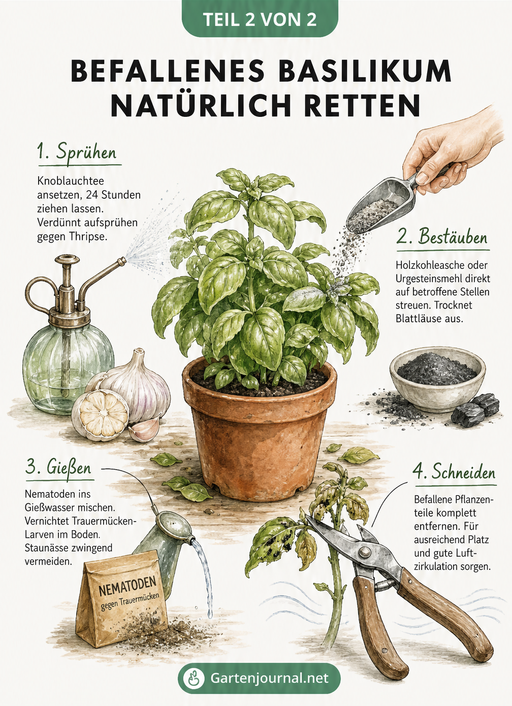 Illustration von vier natürlichen Hausmitteln gegen Basilikum-Schädlinge: Knoblauchtee sprühen, Holzkohleasche streuen, Nematoden gießen und befallene Triebe...
