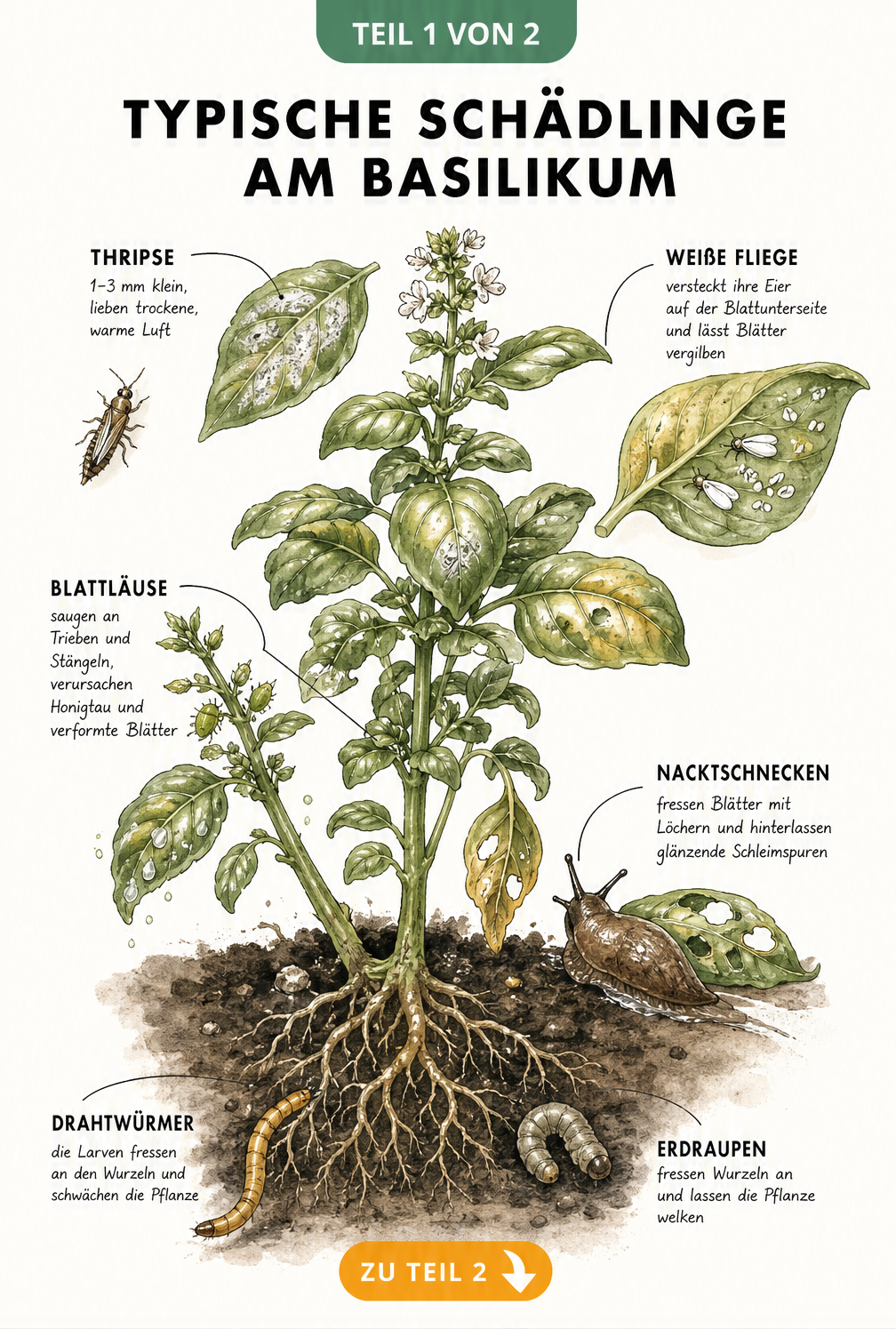 Botanische Lehrtafel mit Basilikumpflanze und typischen Schädlingen wie Thrips, Weiße Fliege, Blattläuse, Nacktschnecke und Drahtwürmer