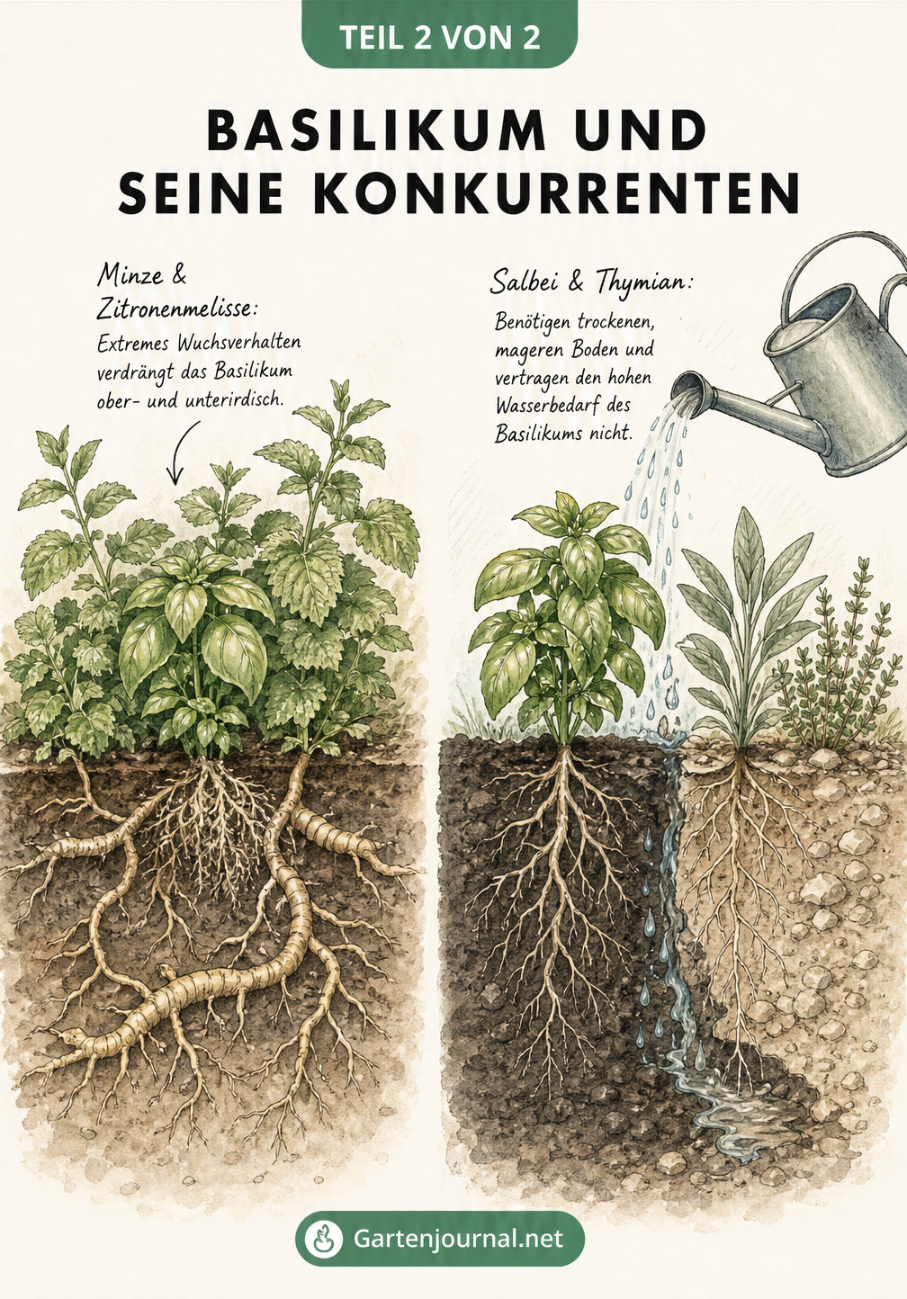 Illustration von Basilikum neben Minze, Zitronenmelisse, Salbei und Thymian, die Platz- und Bodenkonflikte zeigt