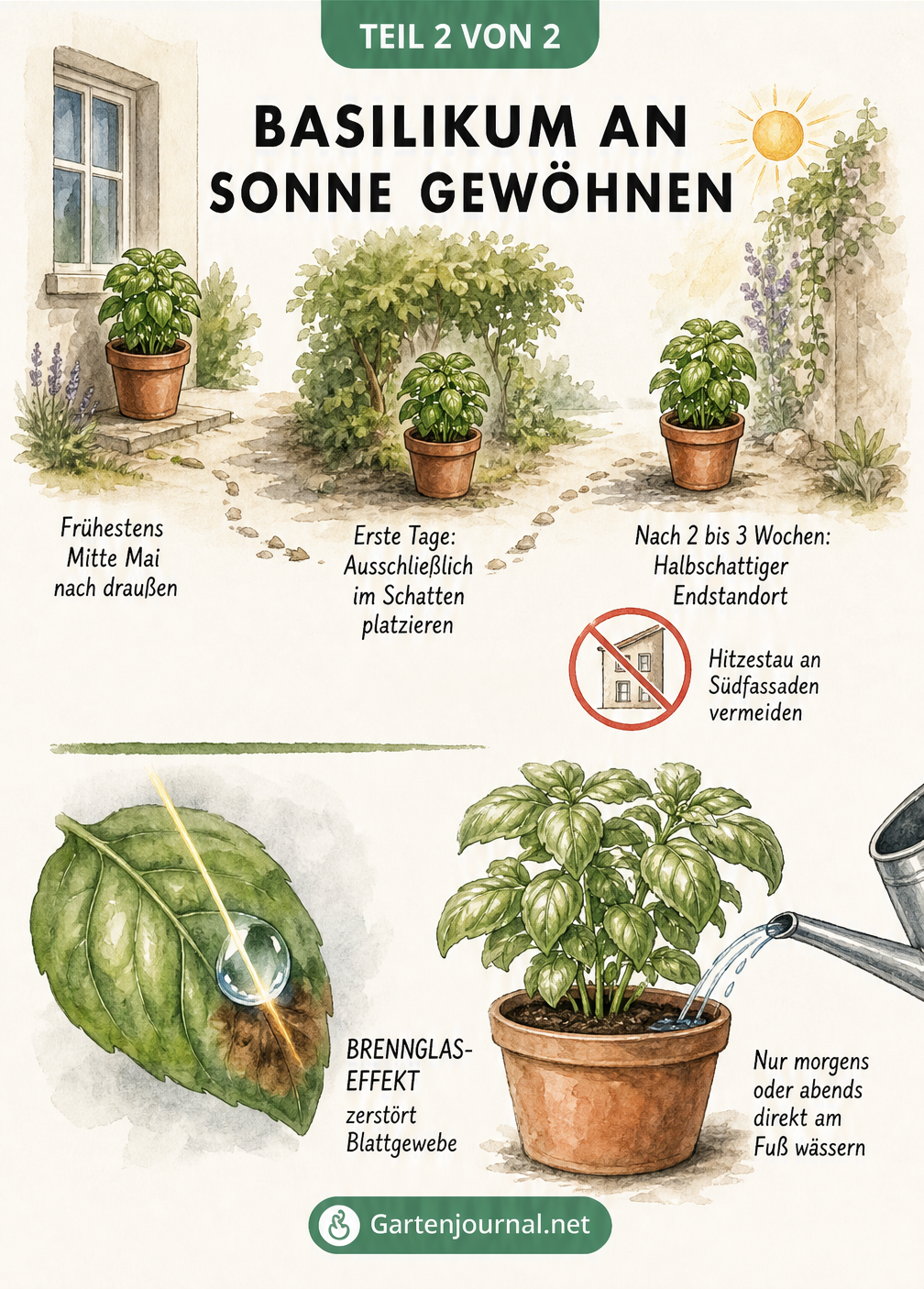 Illustration zur Gewöhnung von Basilikum an die Sonne: Vom Hausfenster über den Schatten in den Halbschatten, inklusive Warnung vor dem Brennglas-Effekt beim...