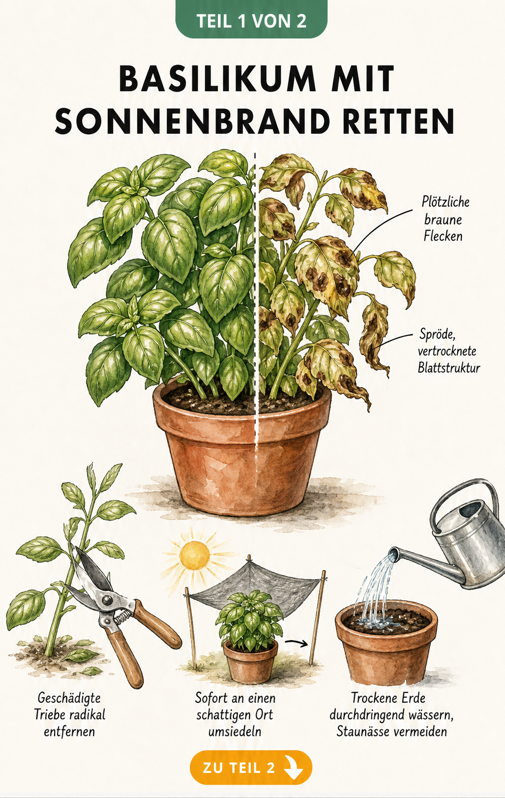 Botanische Illustration einer Basilikumpflanze mit Sonnenbrand und drei Schritten zur Rettung: Triebe entfernen, in den Schatten stellen und wässern.