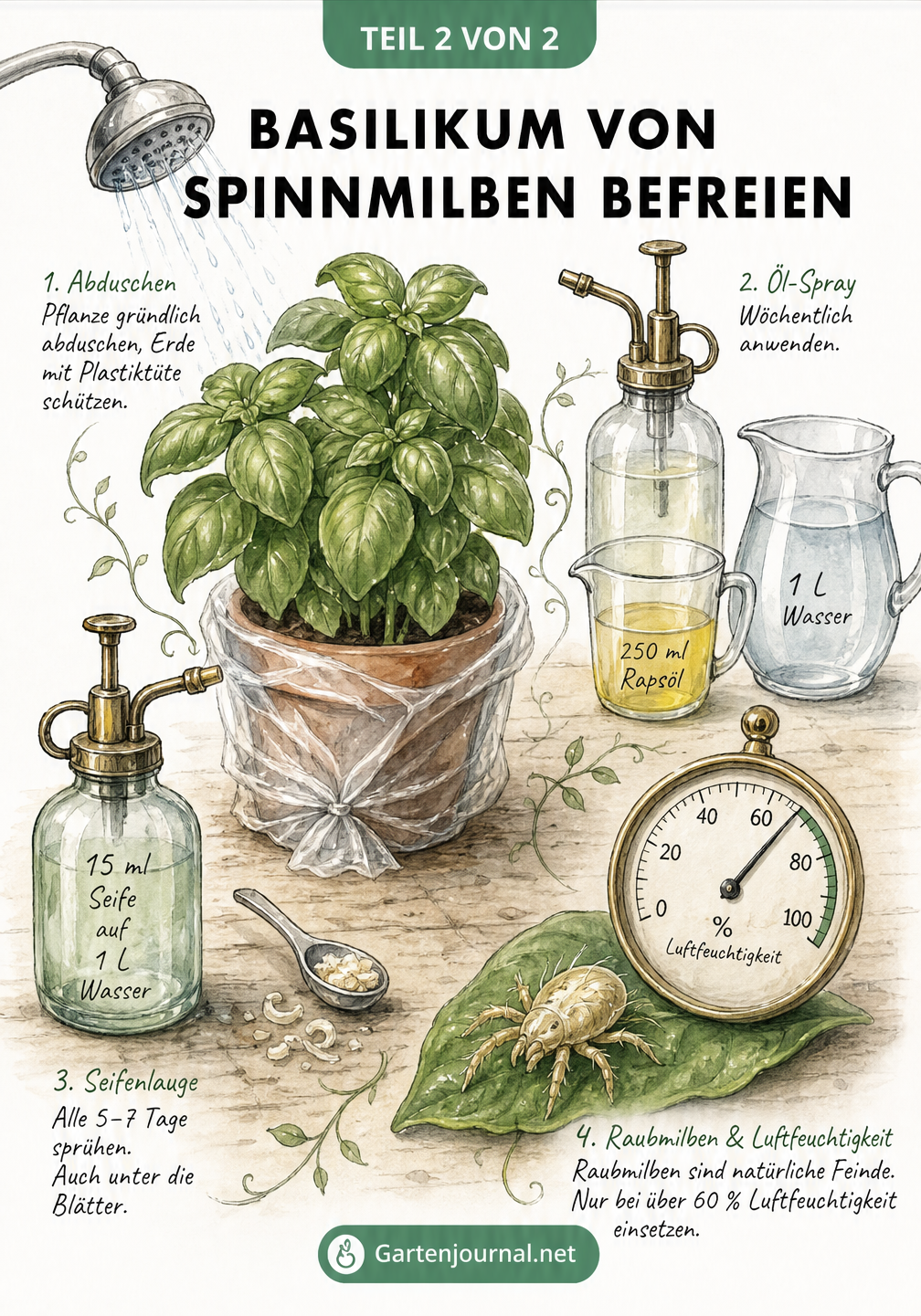 Illustration verschiedener Hausmittel gegen Spinnmilben am Basilikum, darunter Abduschen, Rapsöl-Mischung, Seifenlauge und Raubmilben.