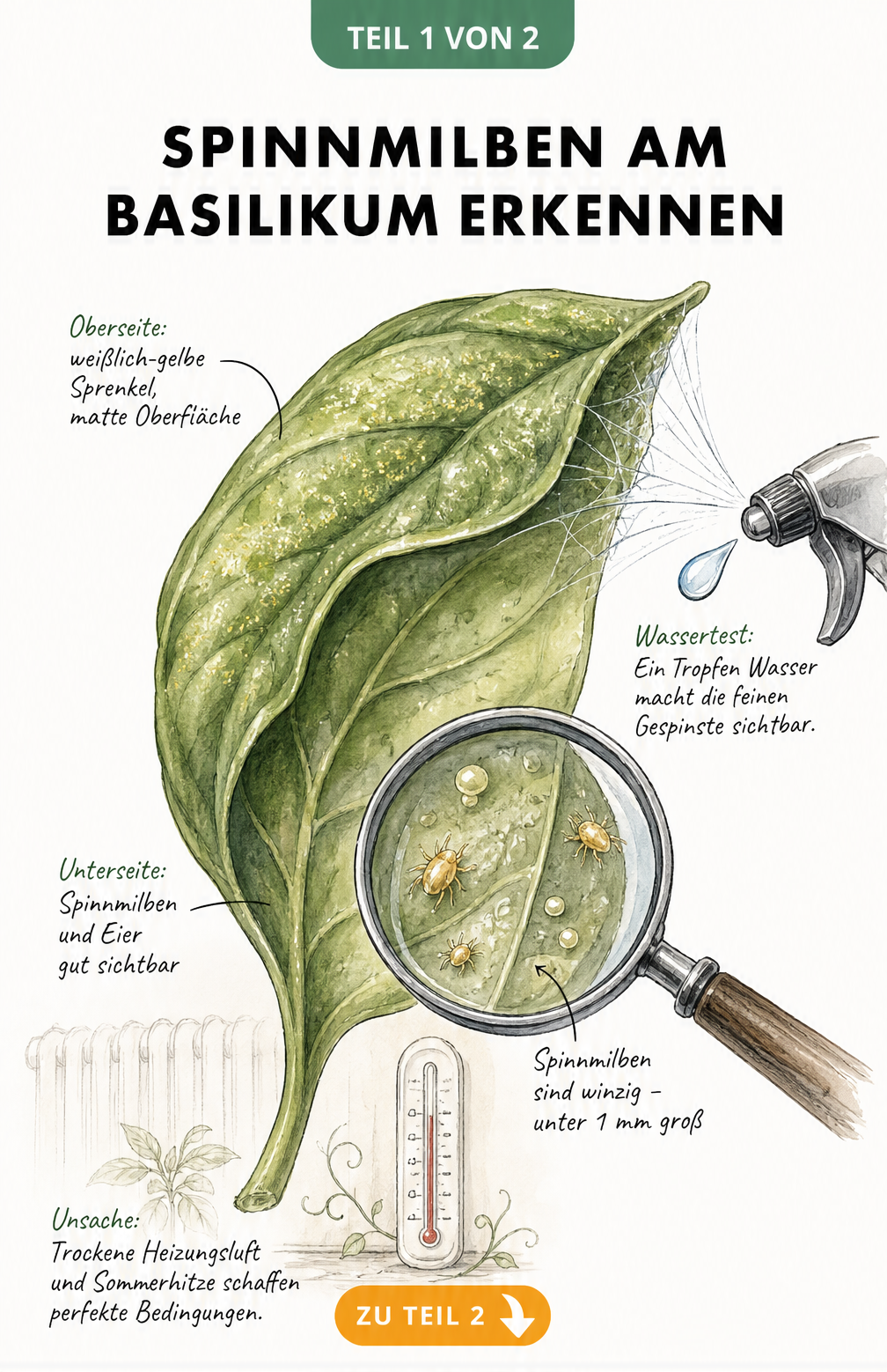 Botanische Illustration eines Basilikumblattes mit Schadbildern von Spinnmilben, Gespinsten und einer Lupe, die Milben zeigt.