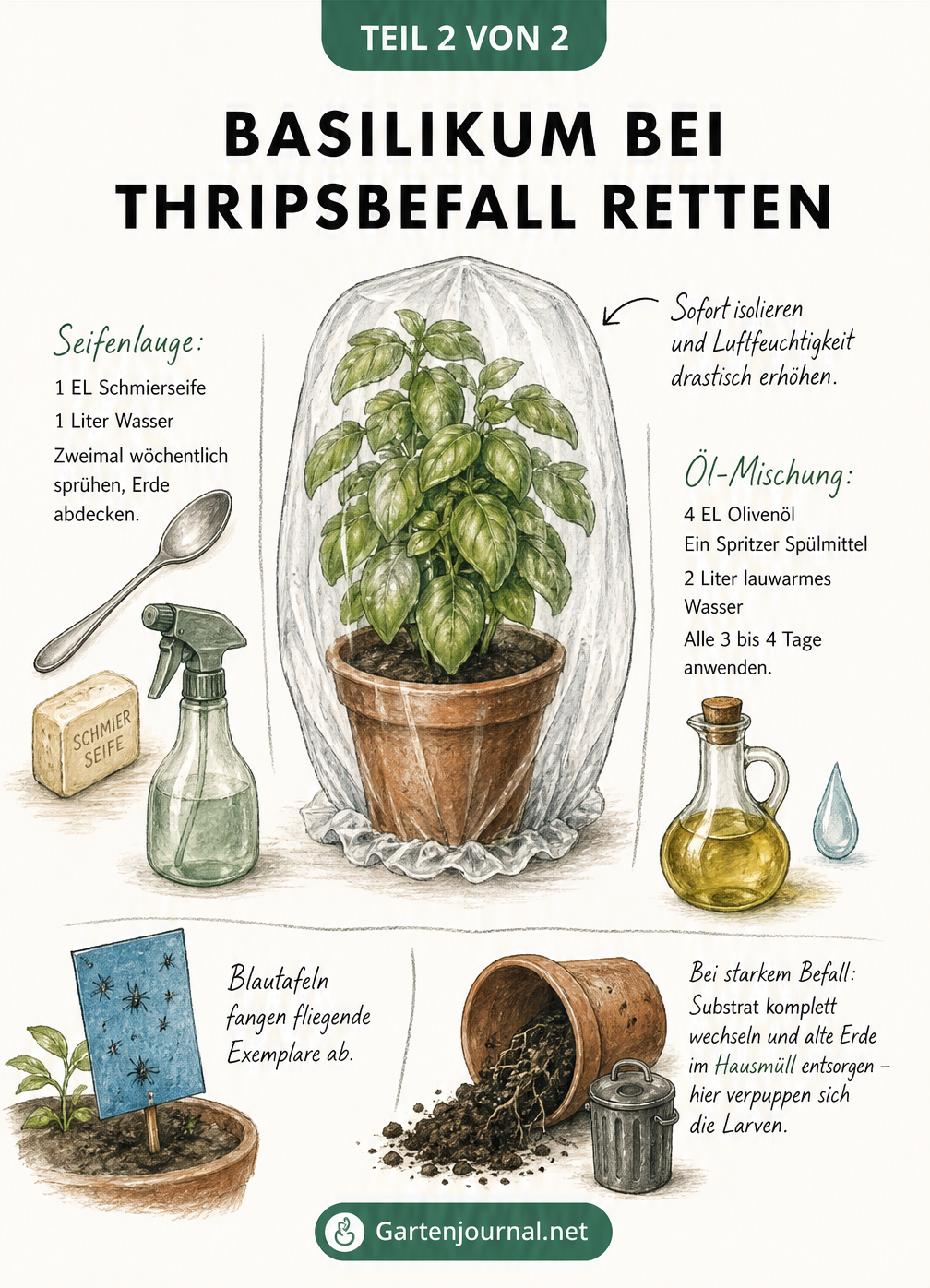 Illustration einer Basilikumpflanze unter einer Plastikhaube mit Rezepten für Seifenlauge und Öl-Mischung zur Schädlingsbekämpfung