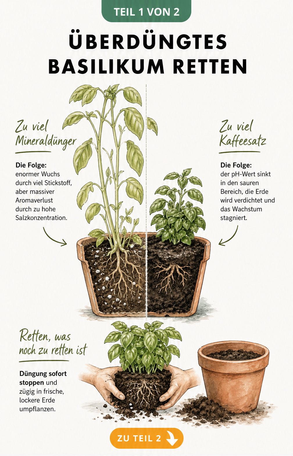 Illustration einer kränkelnden Basilikumpflanze im Querschnitt, die die Folgen von mineralischem Dünger und Kaffeesatz zeigt, sowie Hände, die den Wurzelballen...