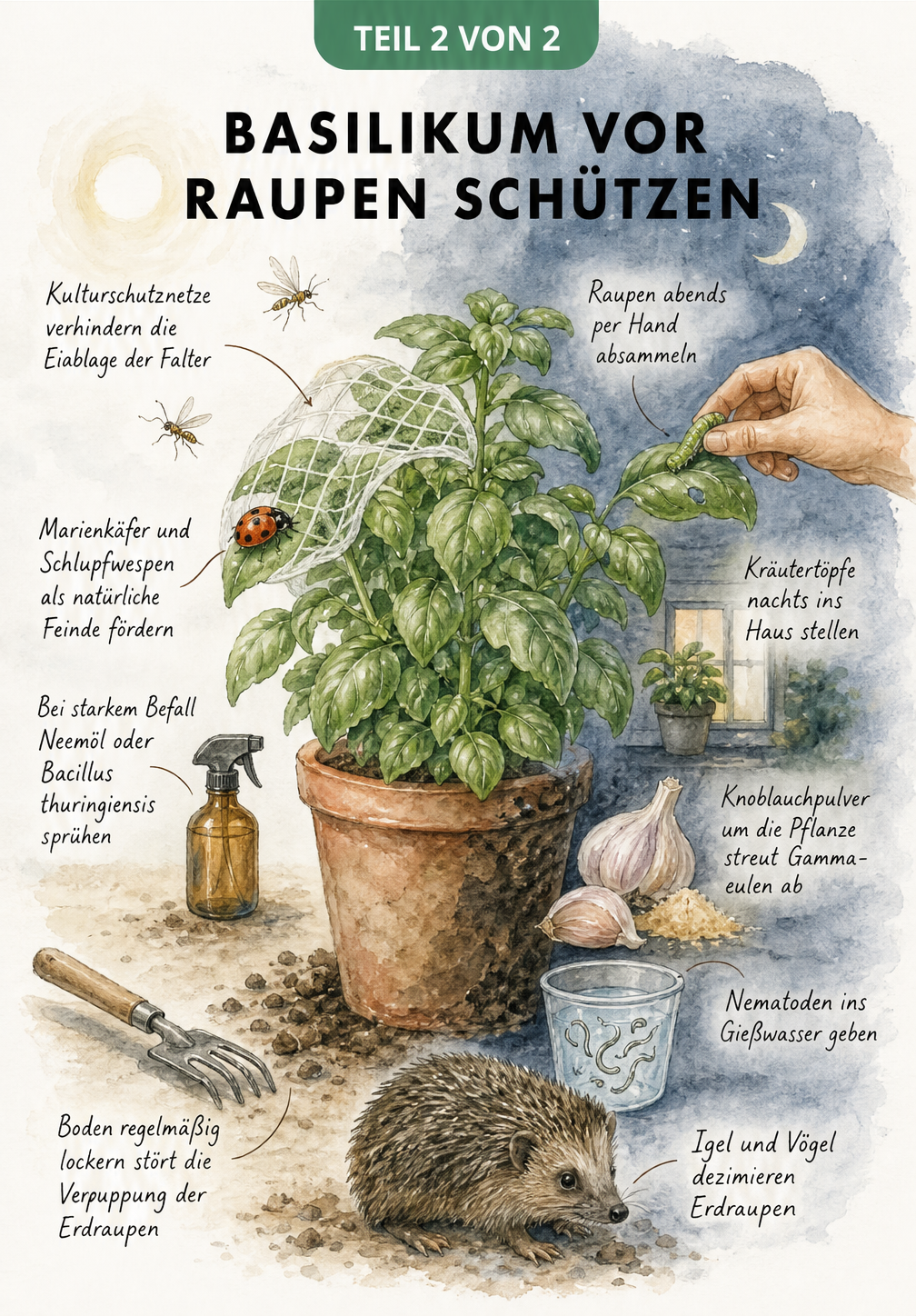 Illustration eines Basilikumtopfes bei Tag und Nacht mit natürlichen Feinden, Schutznetzen und Hausmitteln gegen Raupen