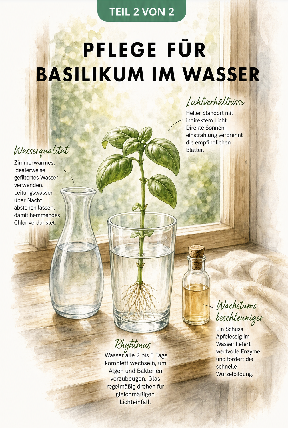 Illustration einer Fensterbank mit einem Basilikum im Wasserglas, einer Wasserkaraffe und Apfelessig zur Pflege