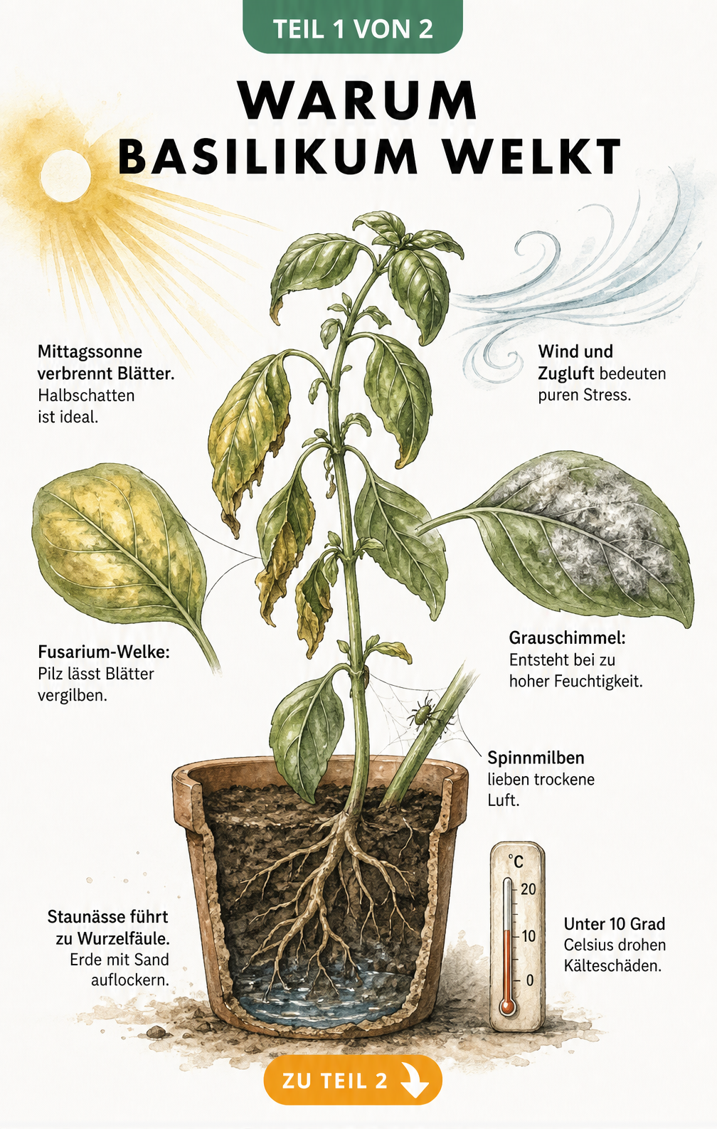 Botanische Illustration einer welkenden Basilikumpflanze im Terrakottatopf mit Ursachen wie Sonnenbrand, Zugluft, Pilzbefall und Staunässe