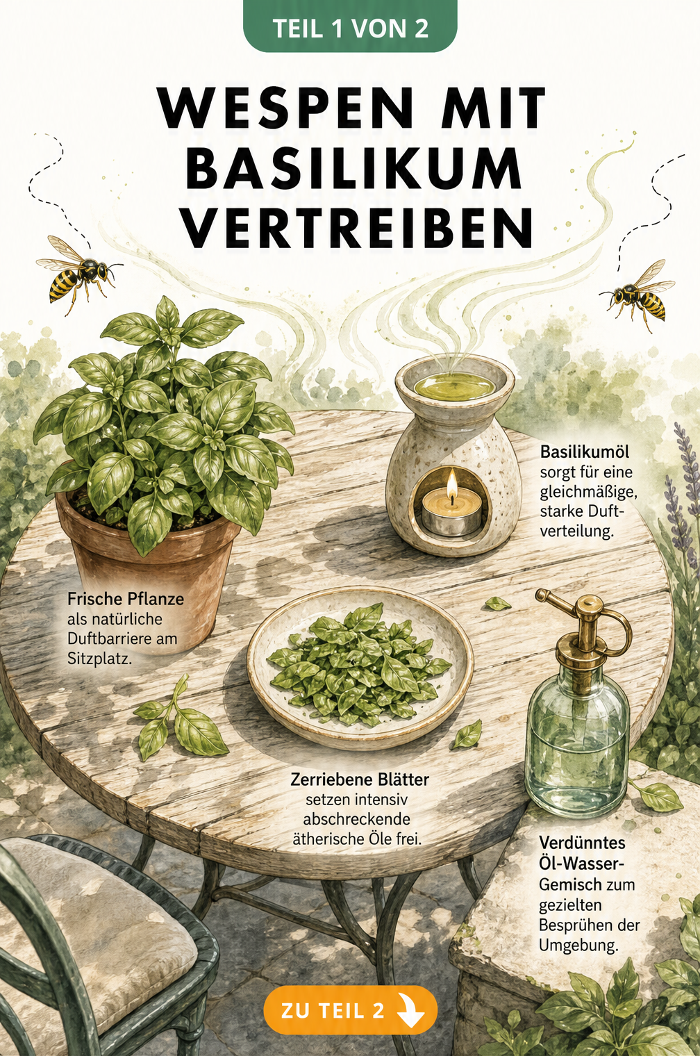 Illustration eines Gartentisches mit Basilikumtopf, zerriebenen Blättern, Duftlampe und Sprühflasche zur Wespenabwehr