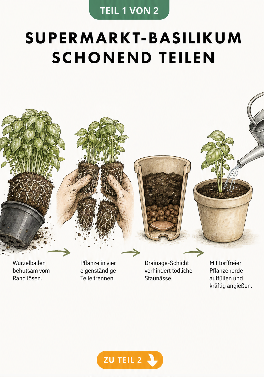 Illustrationen zeigen, wie man Supermarkt-Basilikum aus dem Topf löst, den Wurzelballen in vier Teile trennt, eine Drainage anlegt und die Teilstücke in...