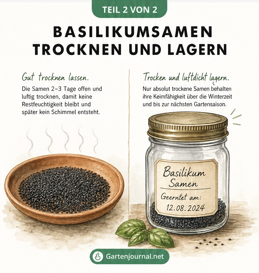 Illustration zur Trocknung von Basilikumsamen in einer Tonschale und Lagerung in einem beschrifteten Schraubglas