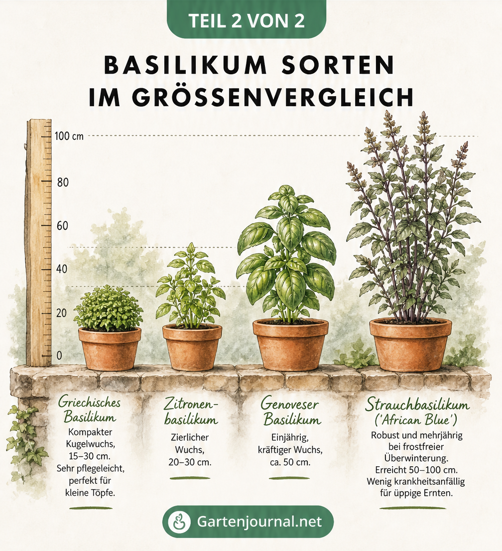 Größenvergleich von vier Basilikumpflanzen in Terrakotta-Töpfen vor einem Maßband, vom kompakten Griechischen bis zum großen Strauchbasilikum