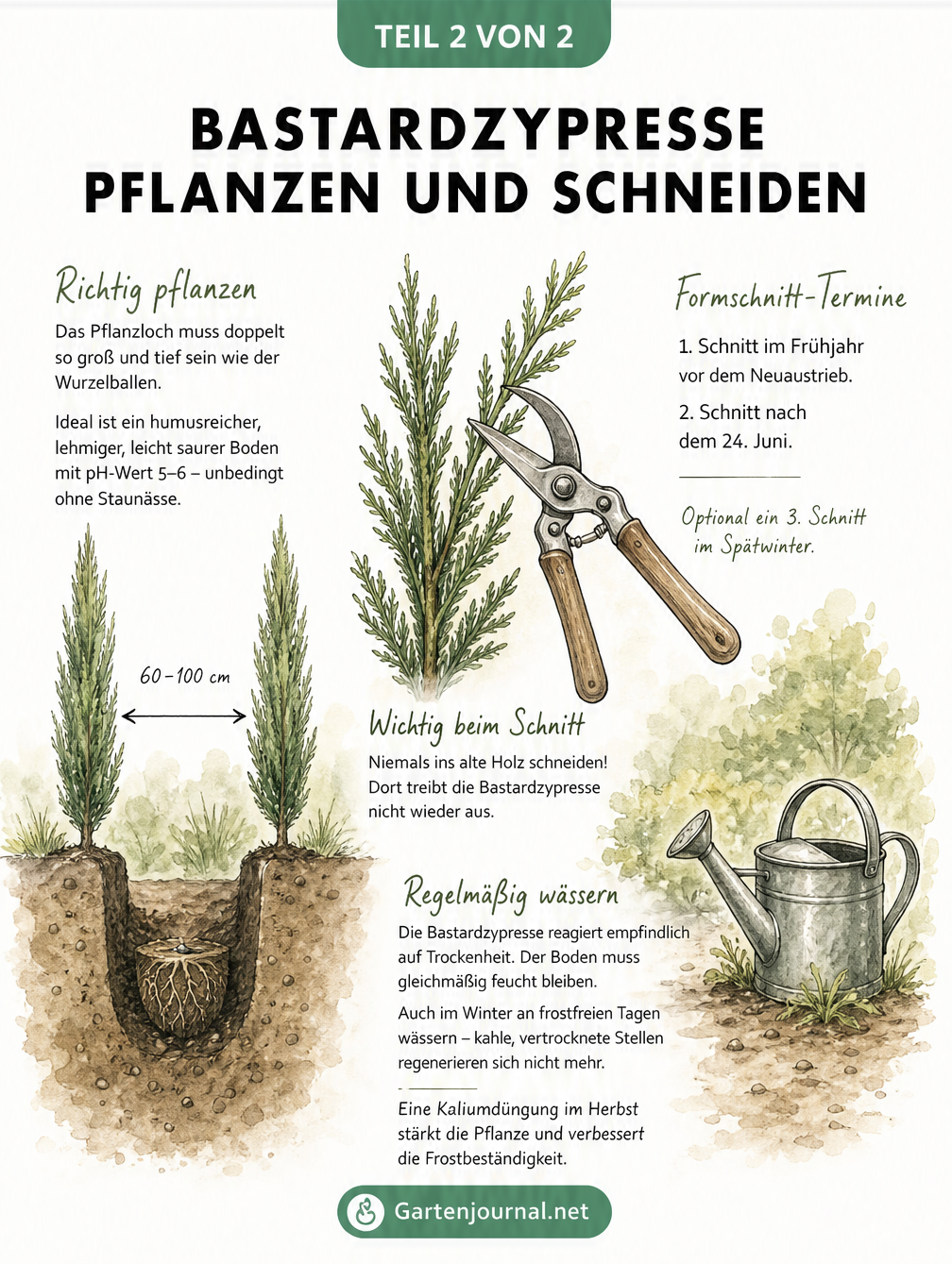 Illustration zum Pflanzen und Schneiden der Bastardzypresse mit Pflanzabstand und Schnittregeln